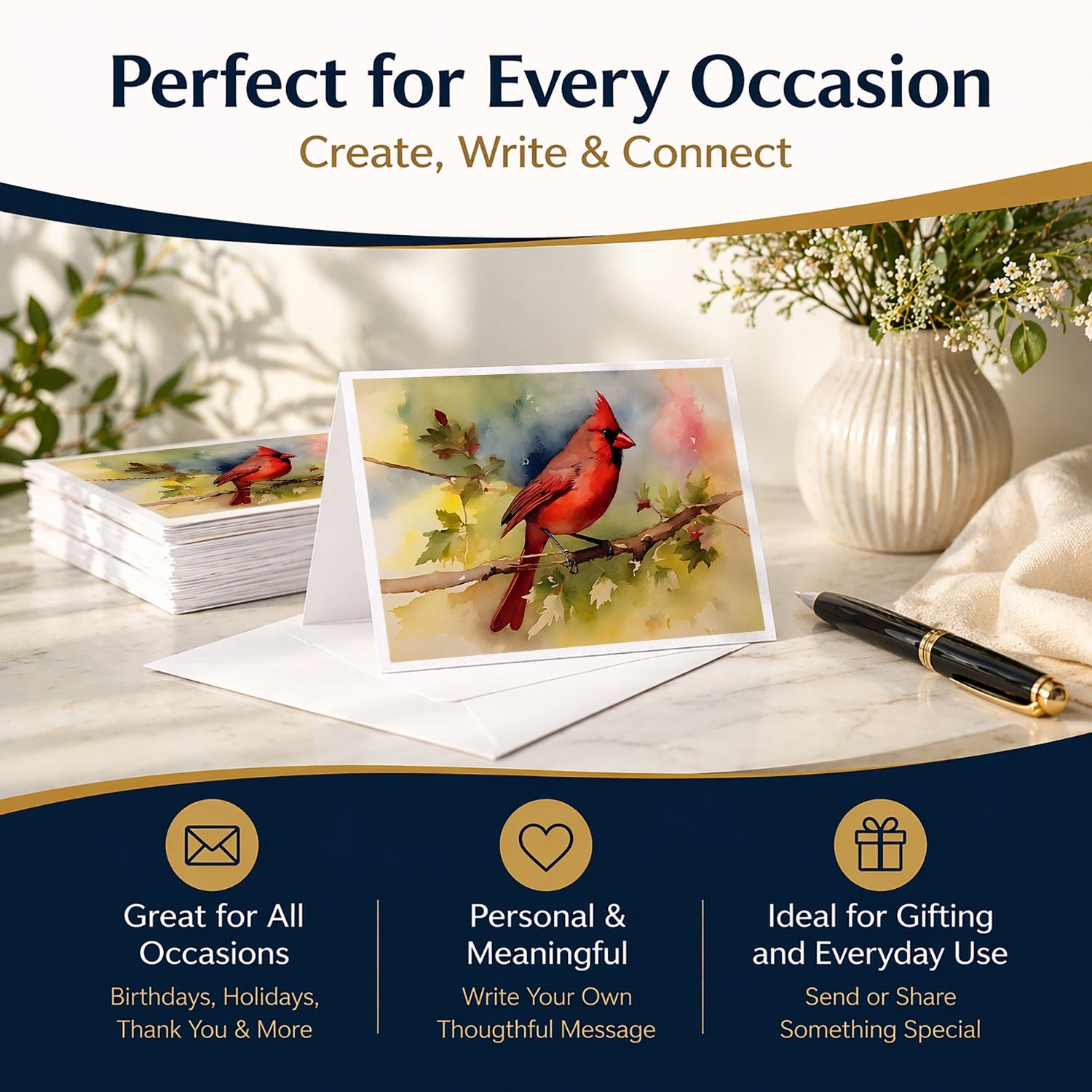 Northern Cardinal on Branch Autumn Greeting Cards Pack of 8 Blank Cards with Envelopes Whimsical A7 Size 5x7