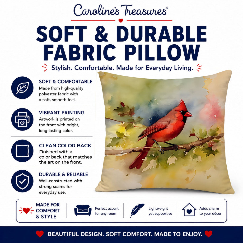 Northern Cardinal on Branch Autumn Decorative Throw Pillow 14x14 Indoor Outdoor Accent Cushion, Fabric Cover with Insert for Sofa, Bed, Porch & Living Room