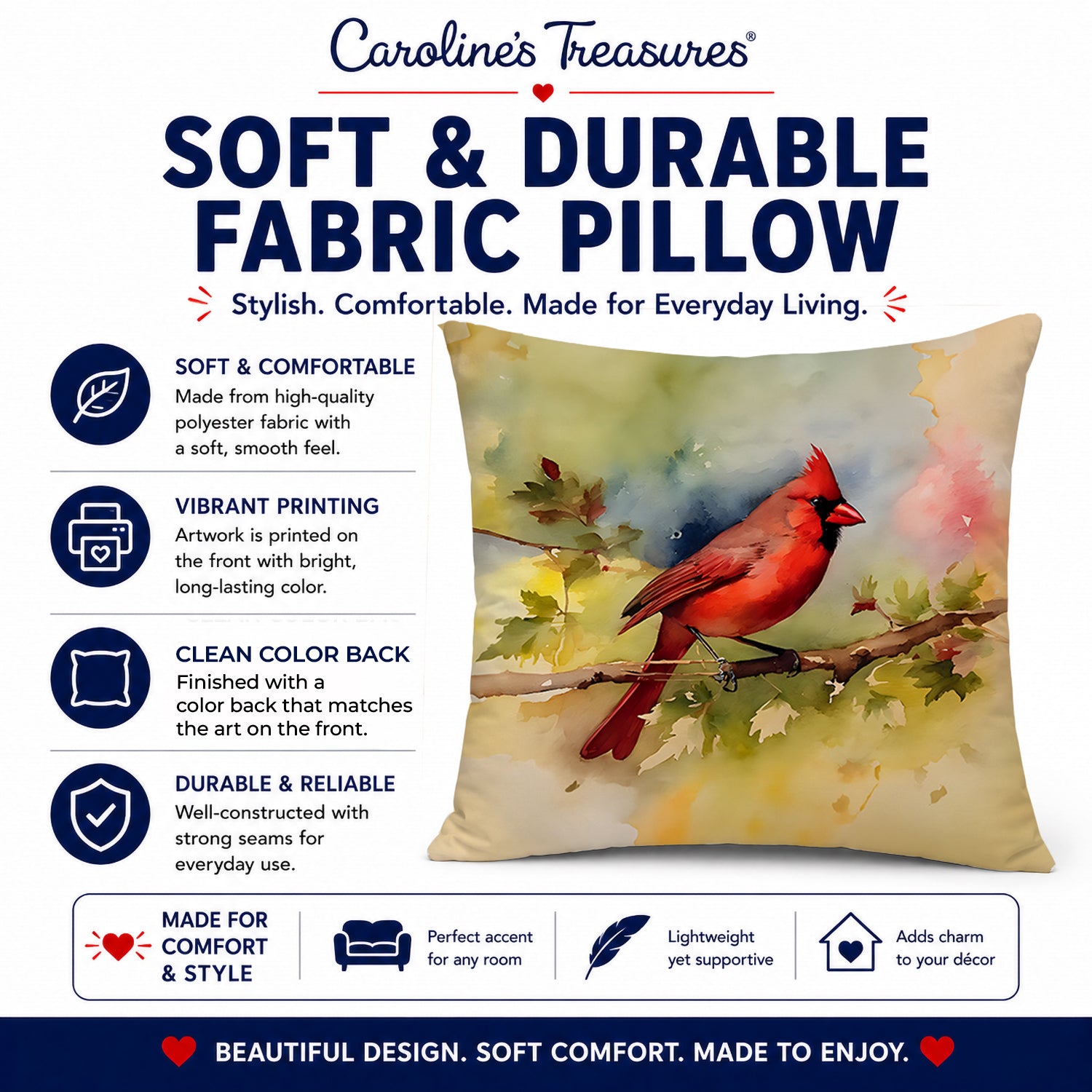 Northern Cardinal on Branch Autumn Decorative Throw Pillow 14x14 Indoor Outdoor Accent Cushion, Fabric Cover with Insert for Sofa, Bed, Porch & Living Room