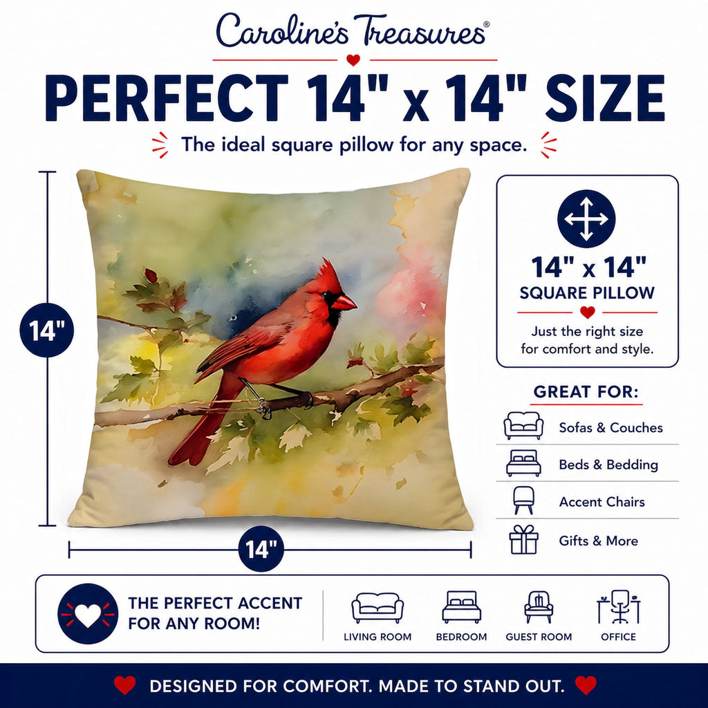 Northern Cardinal on Branch Autumn Decorative Throw Pillow 14x14 Indoor Outdoor Accent Cushion, Fabric Cover with Insert for Sofa, Bed, Porch & Living Room