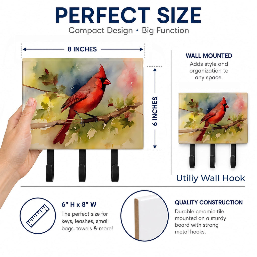 Northern Cardinal on Branch Autumn Leash or Key Holder Wall Hooks, Coat Rack Wall Mount, for Hanging Keys, Towels, Aprons, Leashes