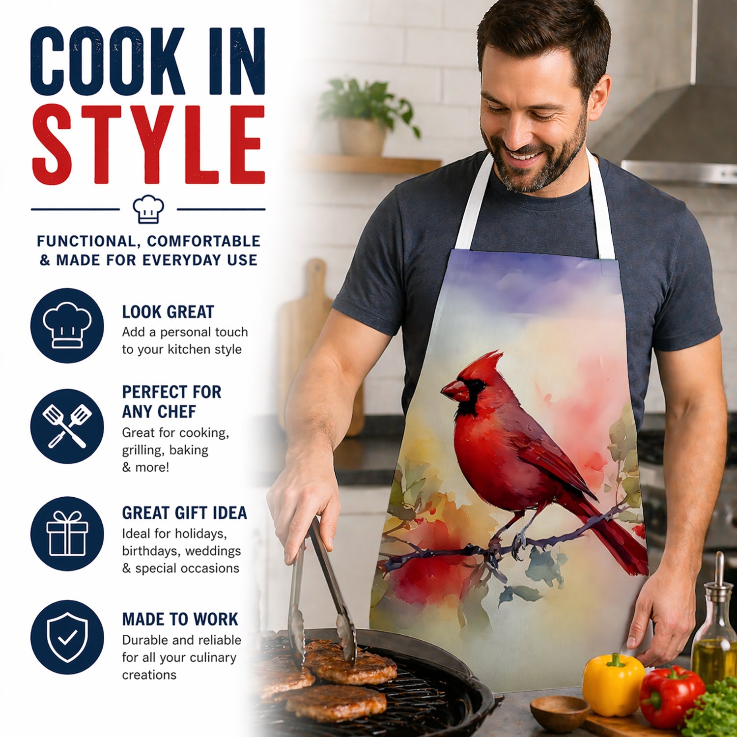 Northern Cardinal Floral Branch Apron Cooking Kitchen Server Baking Crafts Gardening for Adult Women Men, Unisex, Large, Multicolor