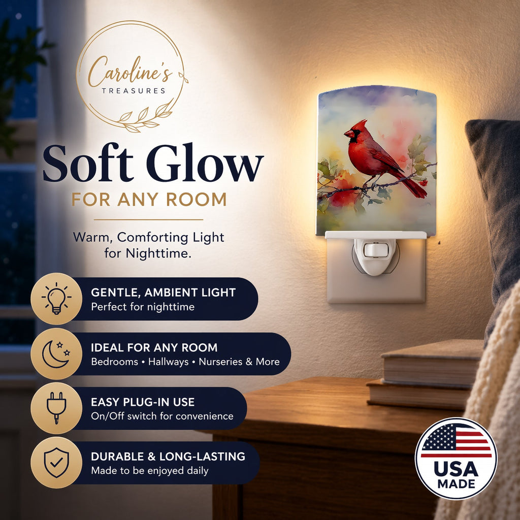 Northern Cardinal Floral Branch Ceramic Night Light Compact, UL-Certified, Ideal for Bedroom, Bathroom, Nursery, Hallway, Kitchen, 6x4x3, Multicolor