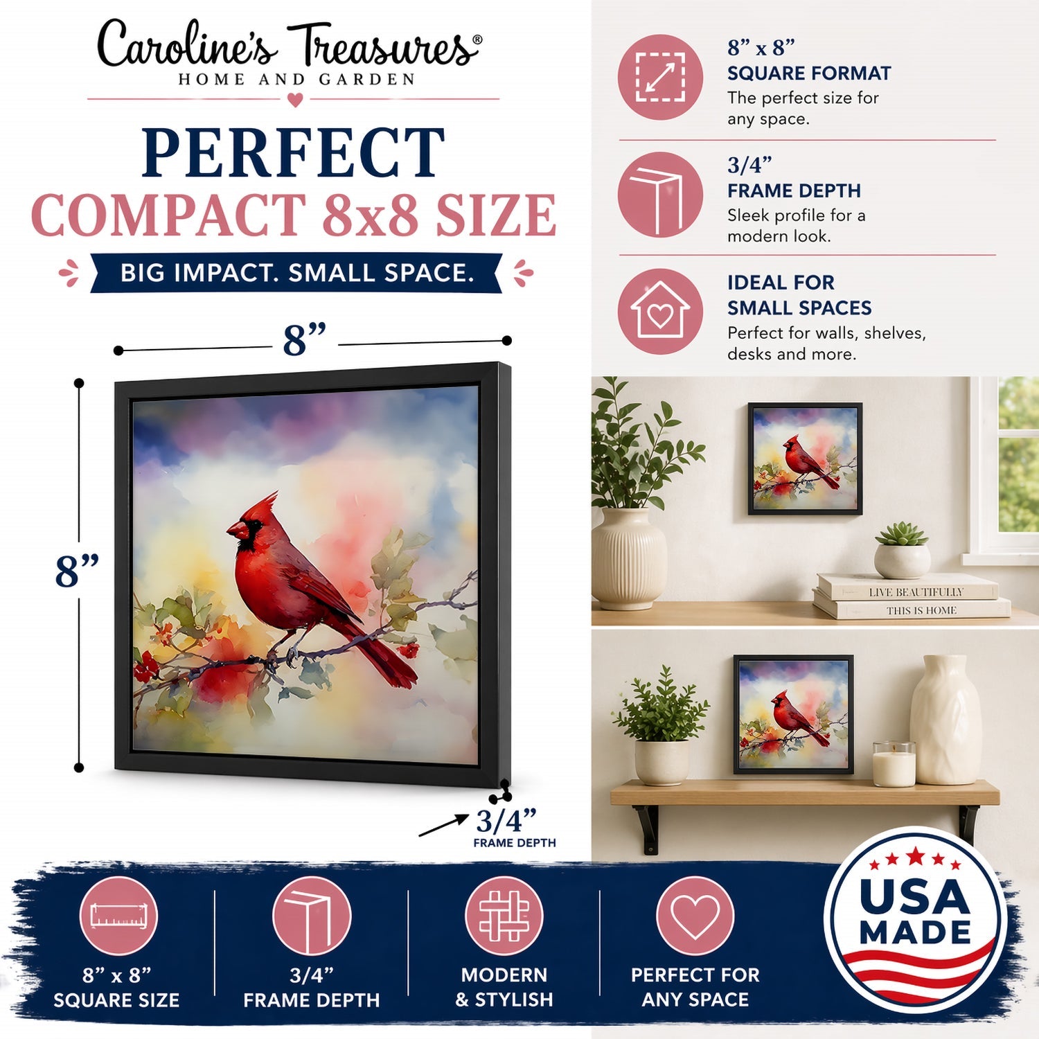 Northern Cardinal Floral Branch Framed Metal Print Bathroom, Kitchen, Office, Home Decor Wall Art Ready to Hang, Square, 8X8