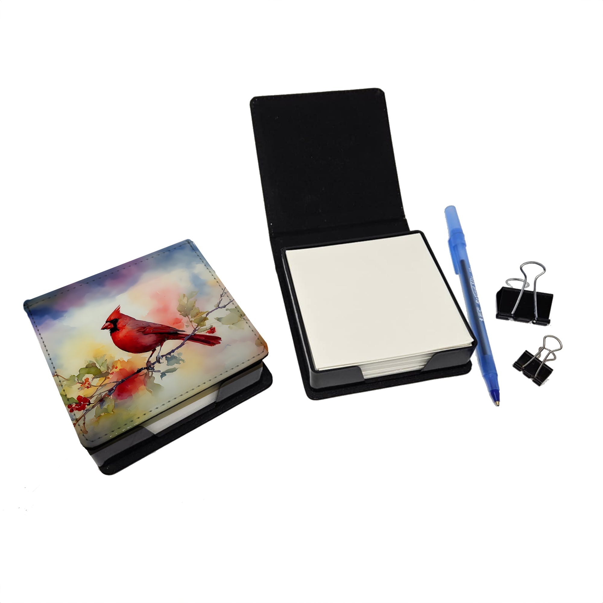 Northern Cardinal Floral Branch PU Leather Note Paper Holder with Artist-Designed Cover, Desk Accessory, Office Gift