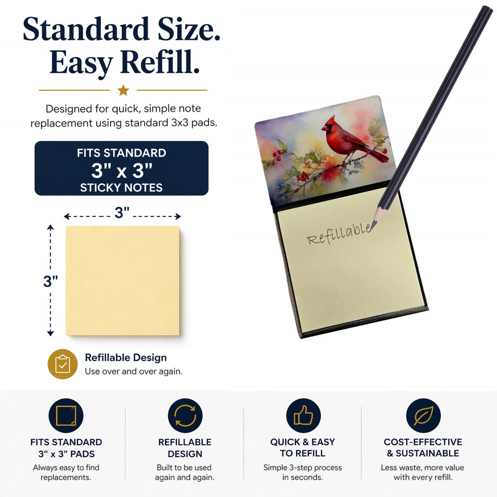 Northern Cardinal Floral Branch Watercolor Sticky Note Holder Refillable Dispenser Desk Accessory 3x3 Pad Gift