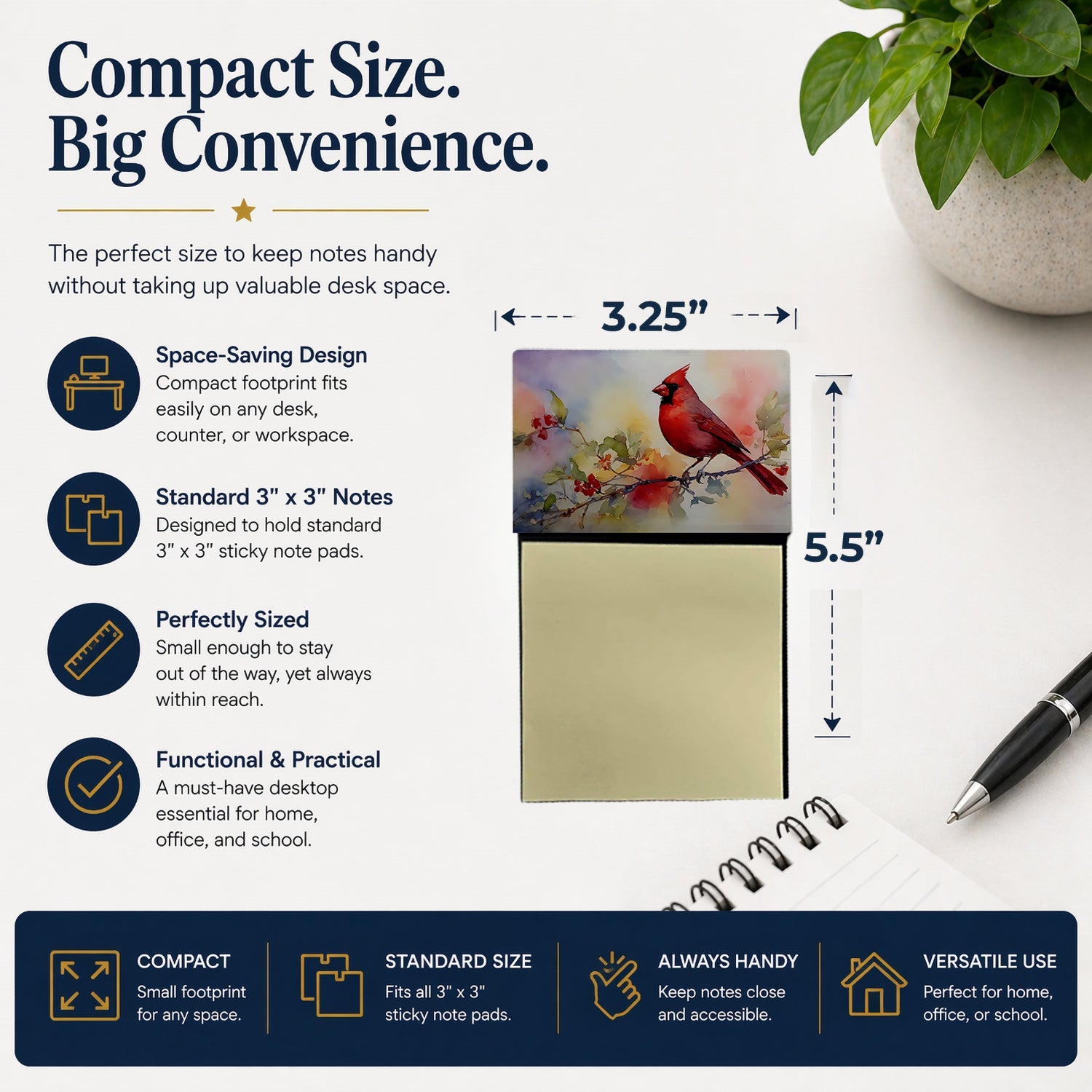 Northern Cardinal Floral Branch Watercolor Sticky Note Holder Refillable Dispenser Desk Accessory 3x3 Pad Gift