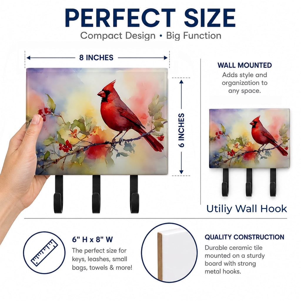 Northern Cardinal Floral Branch Leash or Key Holder Wall Hooks, Coat Rack Wall Mount, for Hanging Keys, Towels, Aprons, Leashes