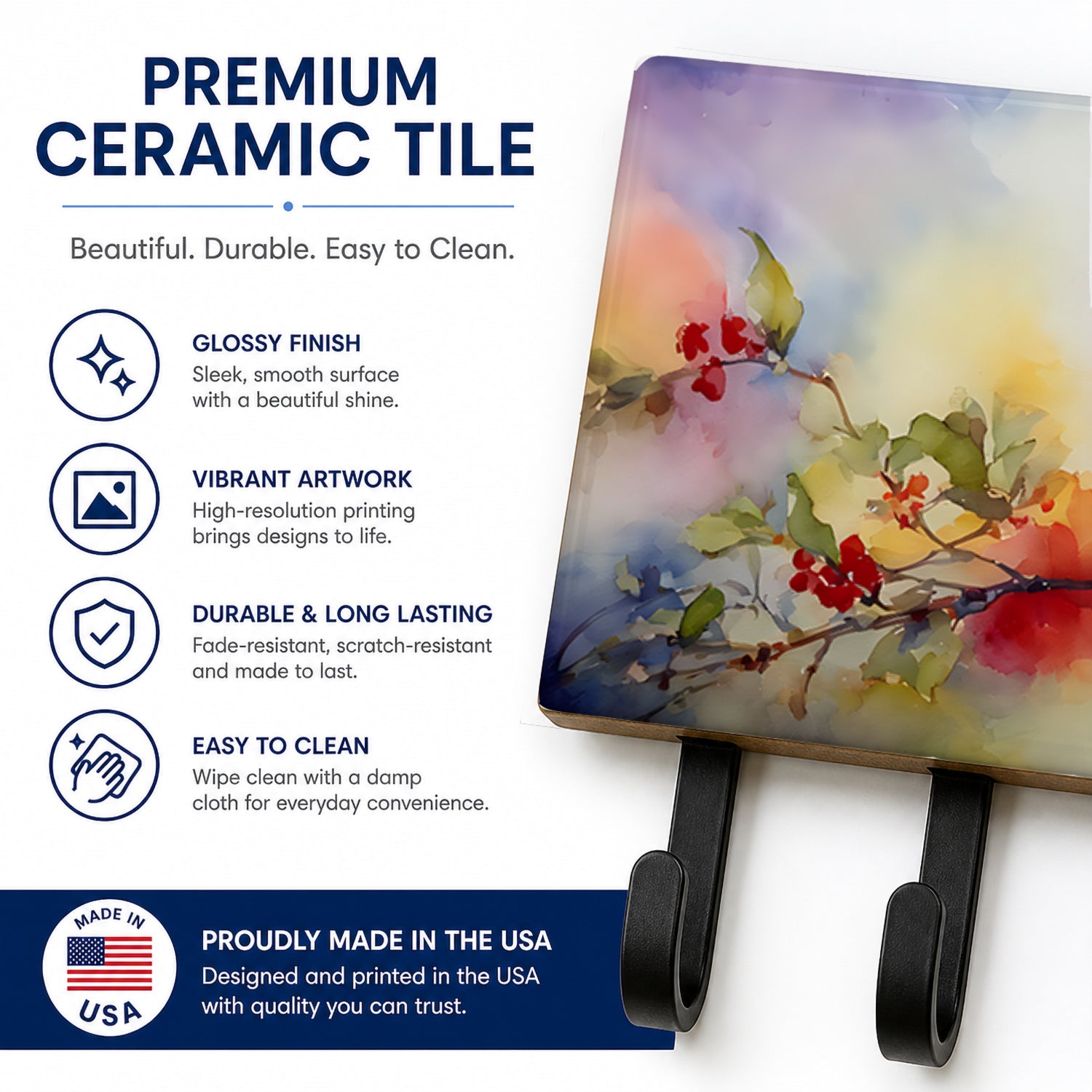 Northern Cardinal Floral Branch Leash or Key Holder Wall Hooks, Coat Rack Wall Mount, for Hanging Keys, Towels, Aprons, Leashes