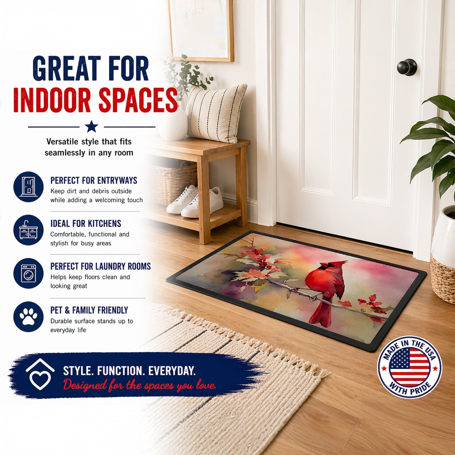 Northern Cardinal on Blossom Branch Doormat Indoor Outdoor 18H X 27W Front Door Mat Rugs for Entryway, Non Slip Washable