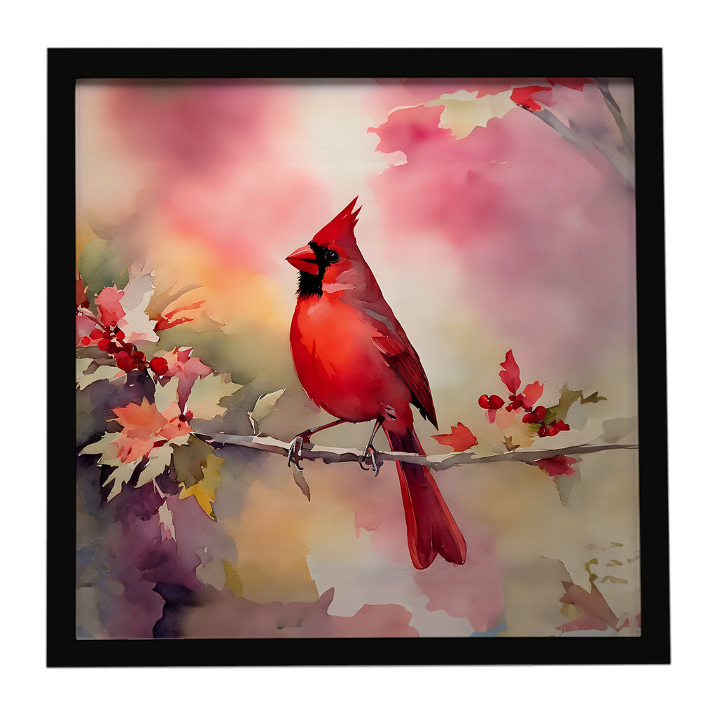 Northern Cardinal on Blossom Branch Framed Metal Print Bathroom, Kitchen, Office, Home Decor Wall Art Ready to Hang, Square, 8X8