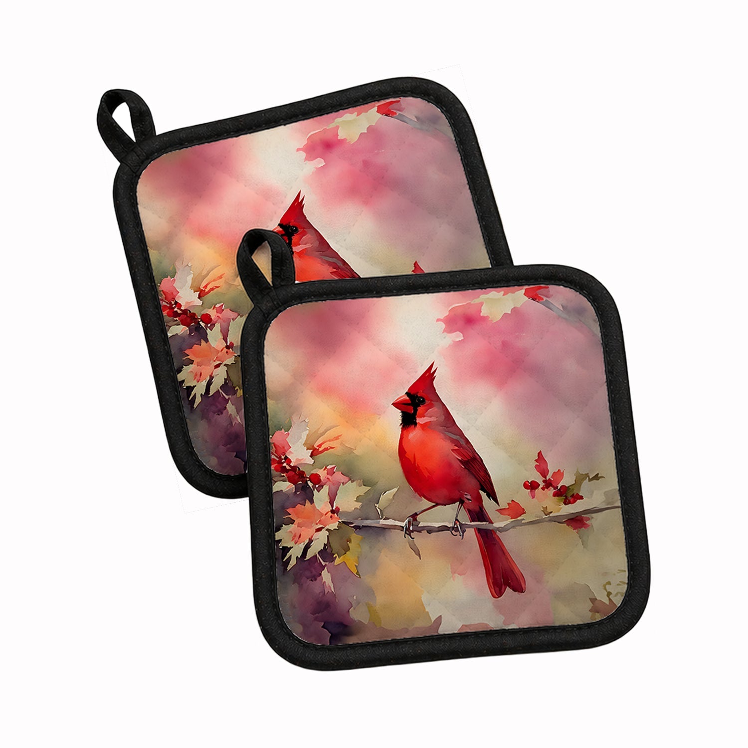 Northern Cardinal on Blossom Branch Pot Holder Set of 2 Heat Resistant Quilted Hot Pads 7.5 x 7.5 Inch, Insulated Kitchen Trivets for Cooking & Baking