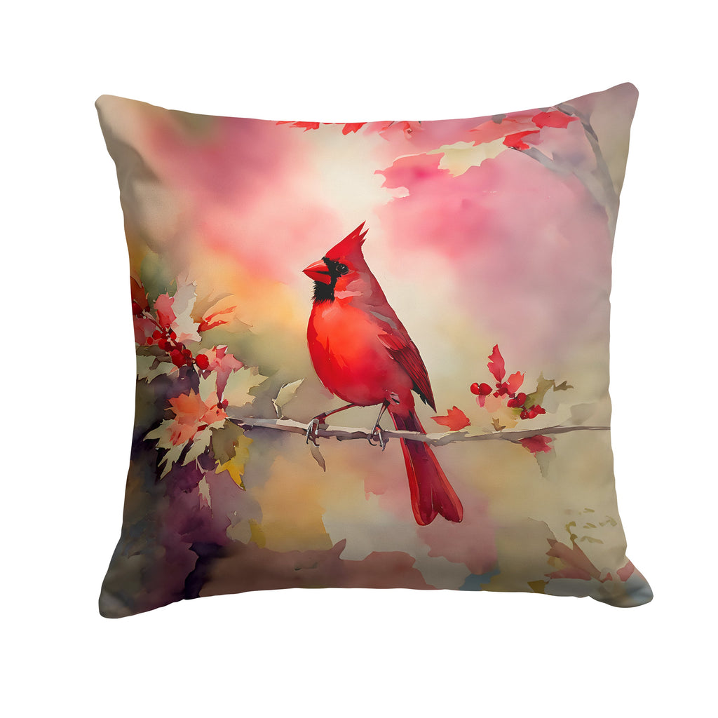 Northern Cardinal on Blossom Branch Decorative Throw Pillow 14x14 Indoor Outdoor Accent Cushion, Fabric Cover with Insert for Sofa, Bed, Porch & Living Room