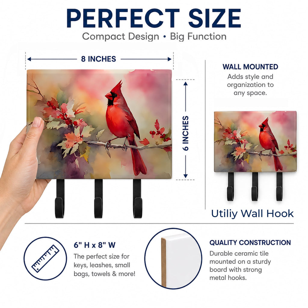 Northern Cardinal on Blossom Branch Leash or Key Holder Wall Hooks, Coat Rack Wall Mount, for Hanging Keys, Towels, Aprons, Leashes