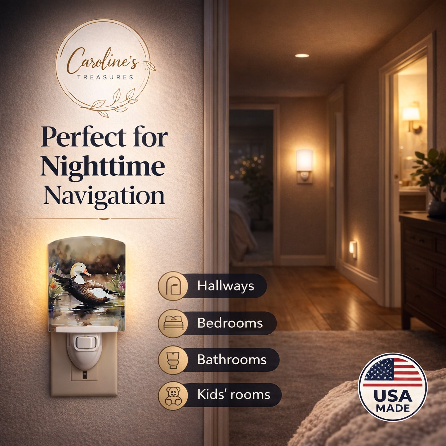 Common Eider Wood Duck Swimming with Flowers Ceramic Night Light Compact, UL-Certified, Ideal for Bedroom, Bathroom, Nursery, Hallway, Kitchen, 6x4x3, Multicolor