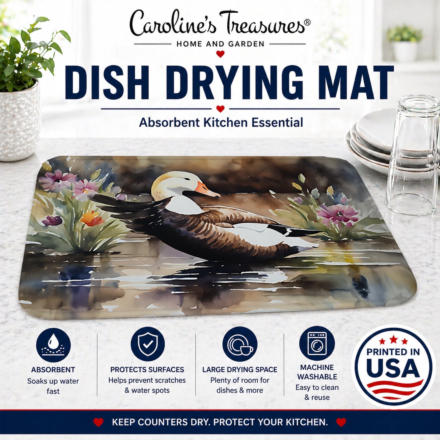 Common Eider Wood Duck Swimming with Flowers Dish Drying Mat Absorbent Dish Drying Mat Pad for Kitchen Counter Dish Drainer Mat for Countertop, 14 x 21", Multicolor