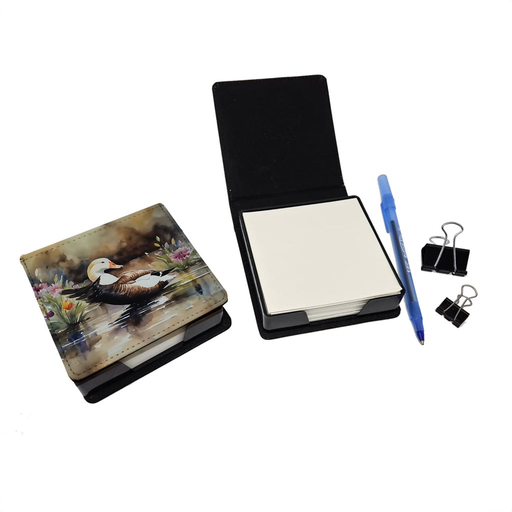 Common Eider Wood Duck Swimming with Flowers PU Leather Note Paper Holder with Artist-Designed Cover, Desk Accessory, Office Gift