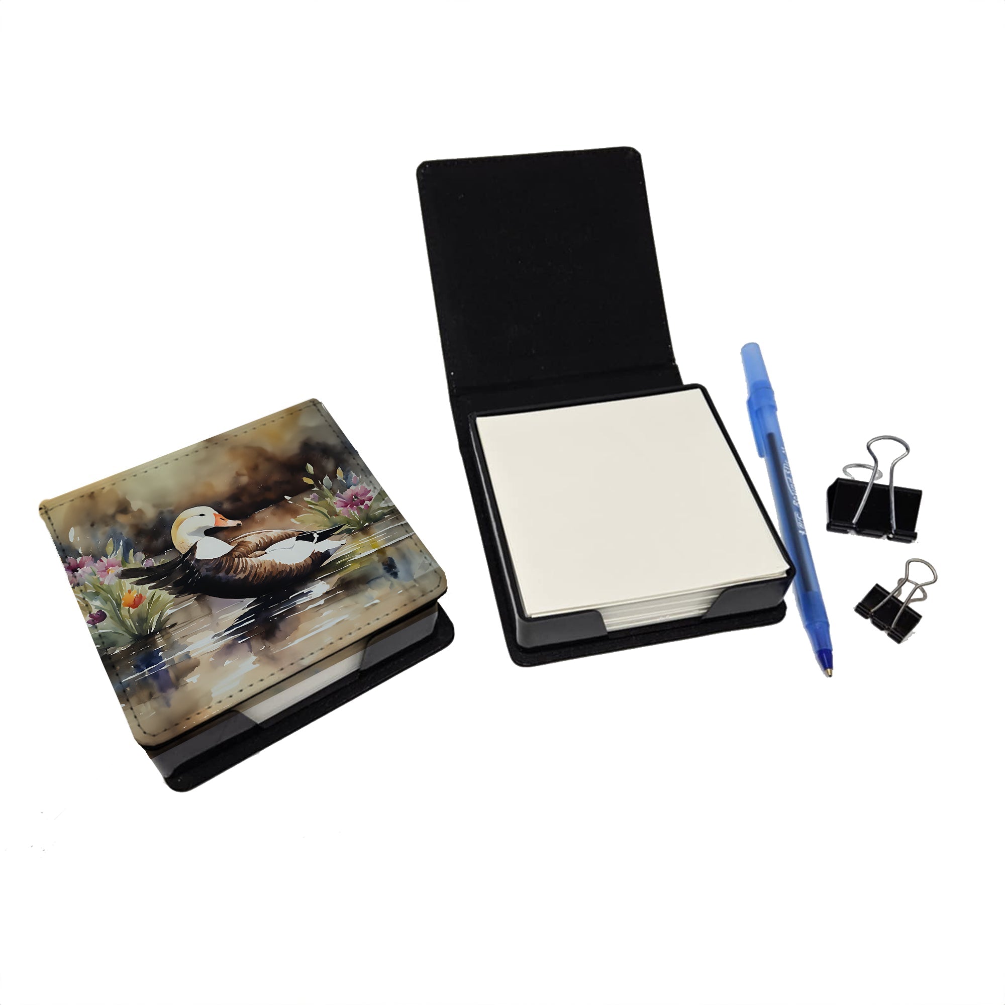 Common Eider Wood Duck Swimming with Flowers PU Leather Note Paper Holder with Artist-Designed Cover, Desk Accessory, Office Gift