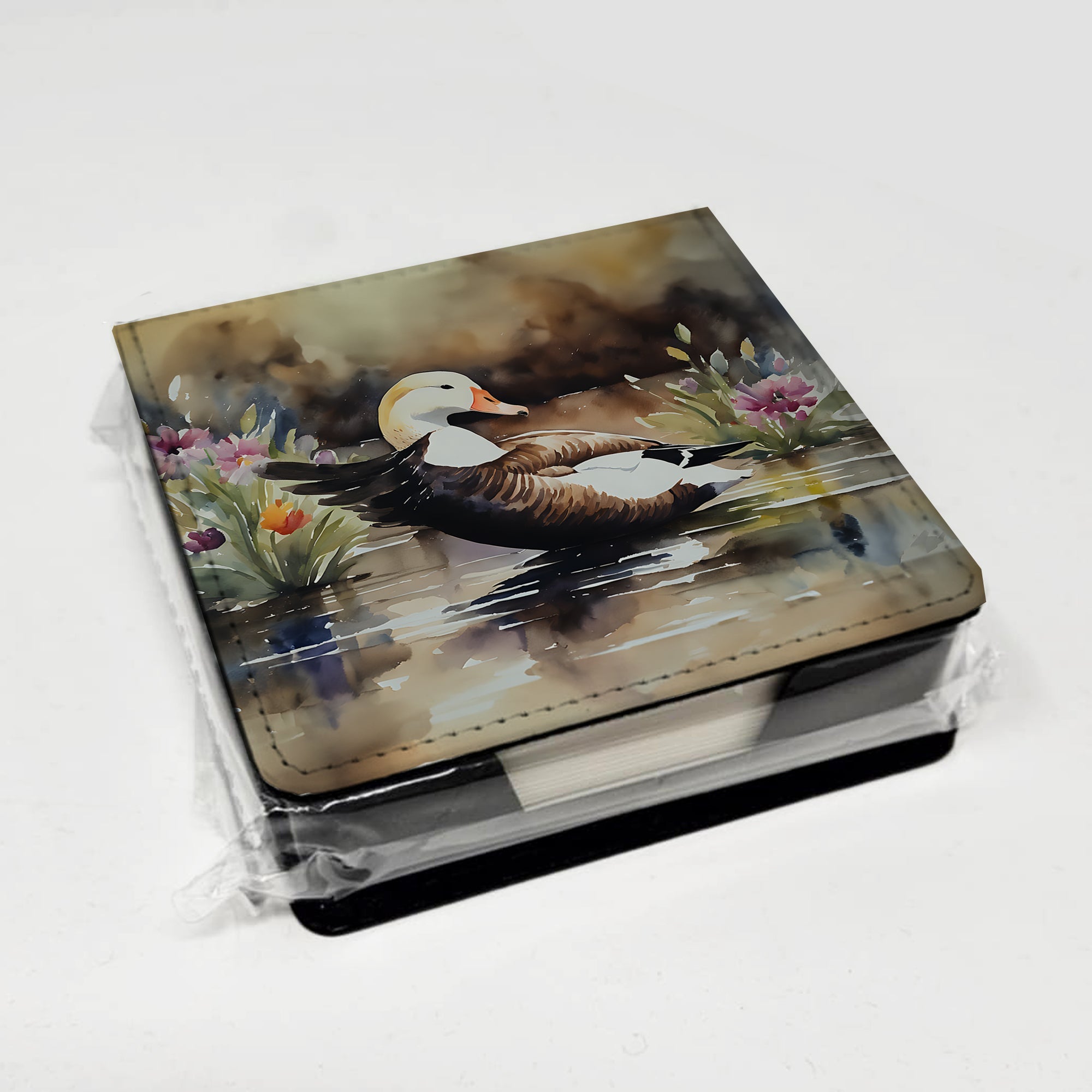 Common Eider Wood Duck Swimming with Flowers PU Leather Note Paper Holder with Artist-Designed Cover, Desk Accessory, Office Gift