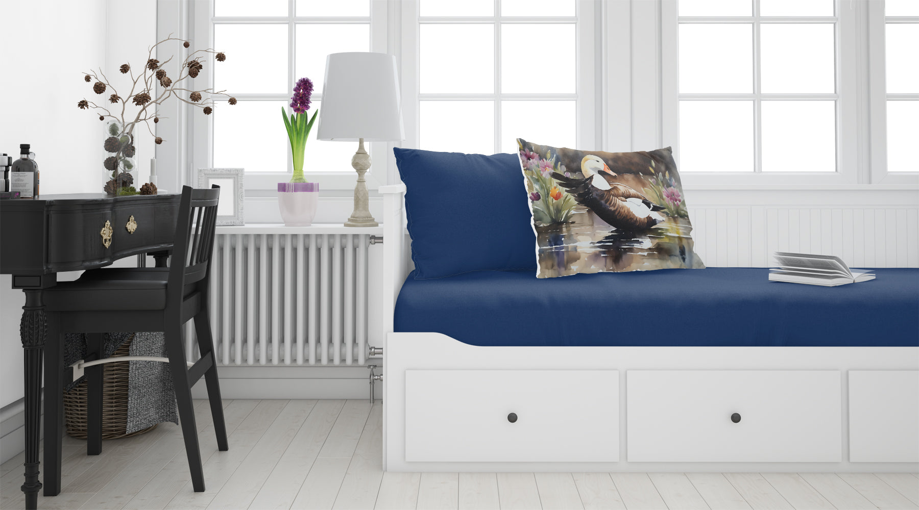 Common Eider Wood Duck Swimming with Flowers Standard Pillowcase Lightweight Super Soft Easy Care Decorative Artwork Pillowcase, Standard