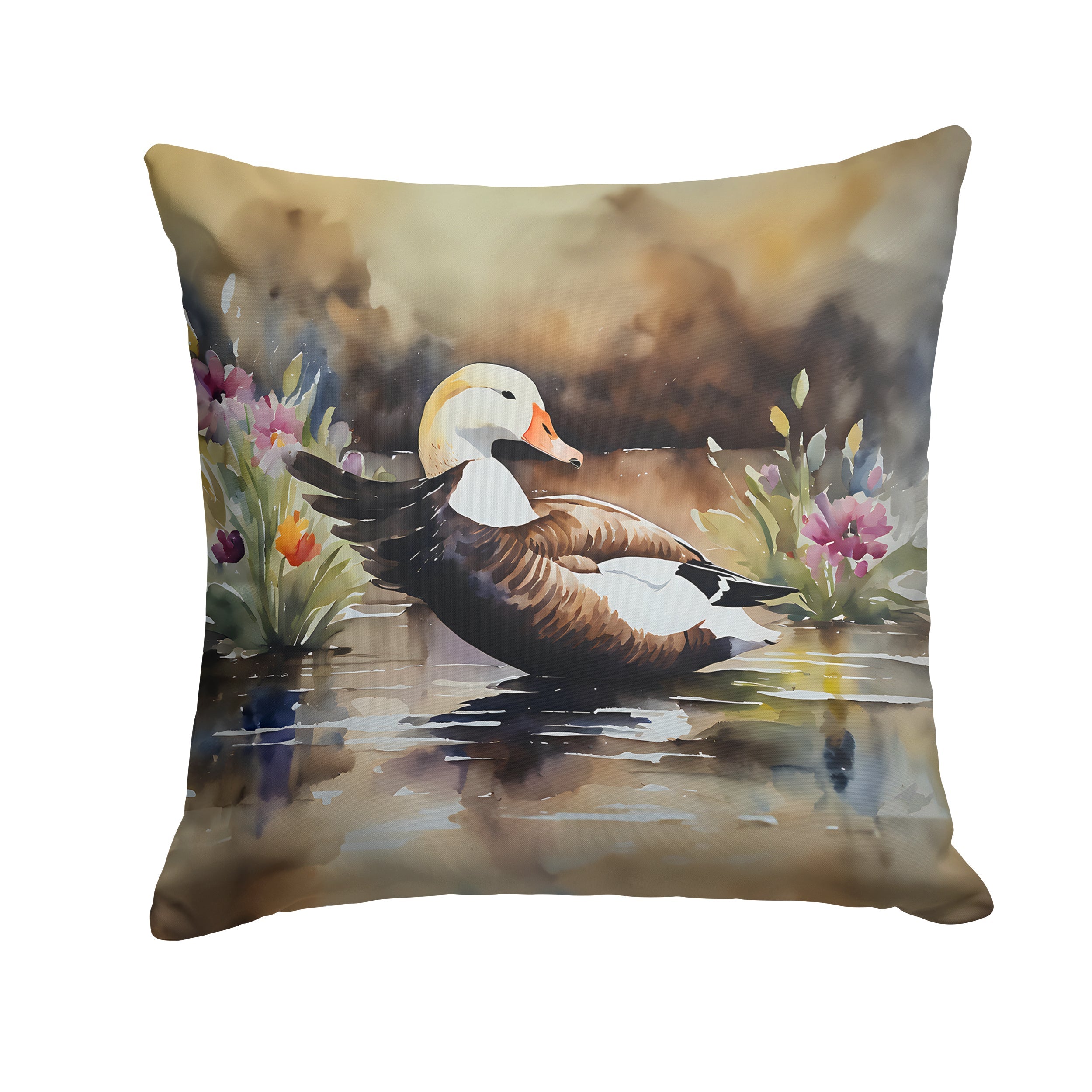 Common Eider Wood Duck Swimming with Flowers Decorative Throw Pillow 14x14 Indoor Outdoor Accent Cushion, Fabric Cover with Insert for Sofa, Bed, Porch & Living Room