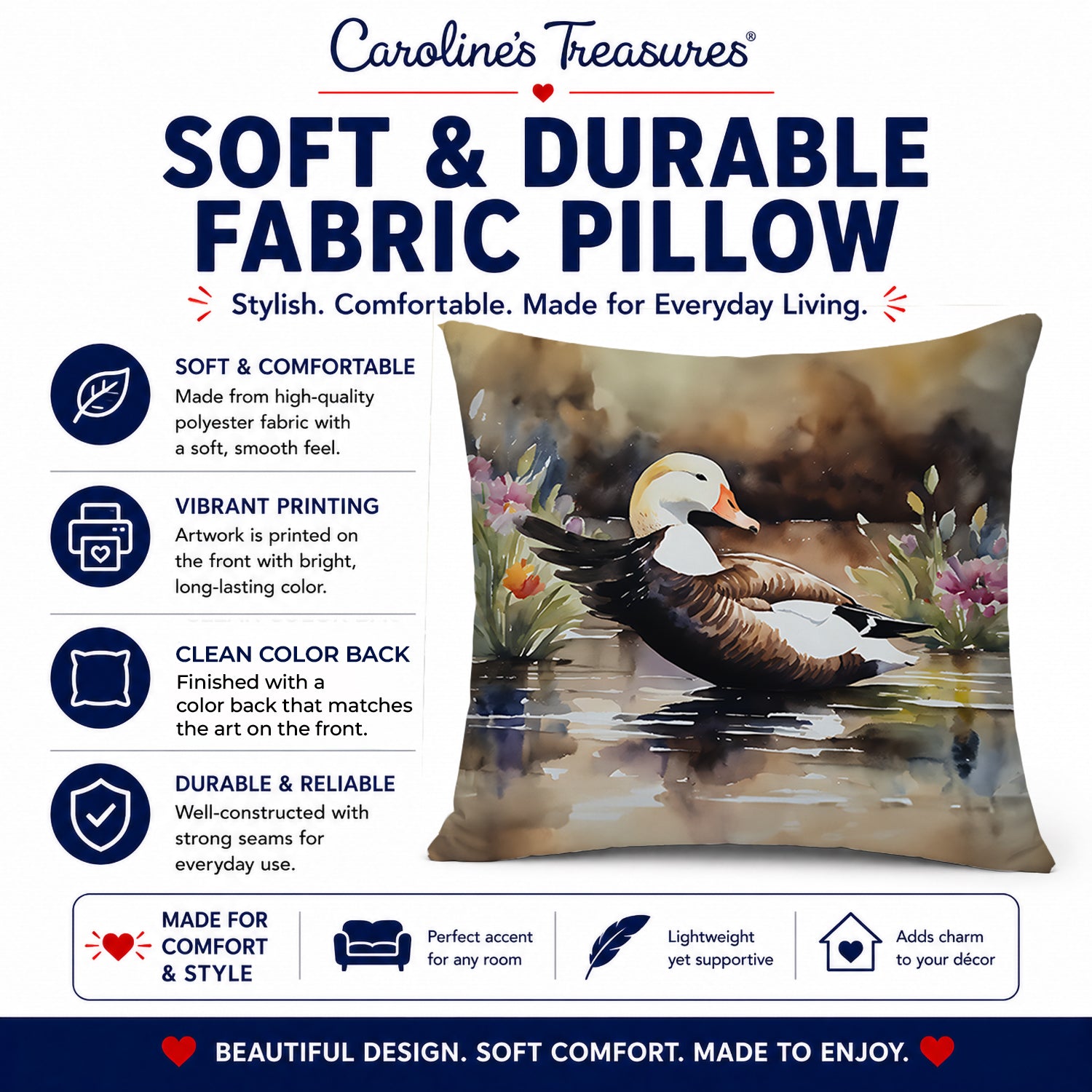 Common Eider Wood Duck Swimming with Flowers Decorative Throw Pillow 18x18 Indoor Outdoor Accent Cushion, Fabric Cover with Insert for Sofa, Bed, Porch & Living Room
