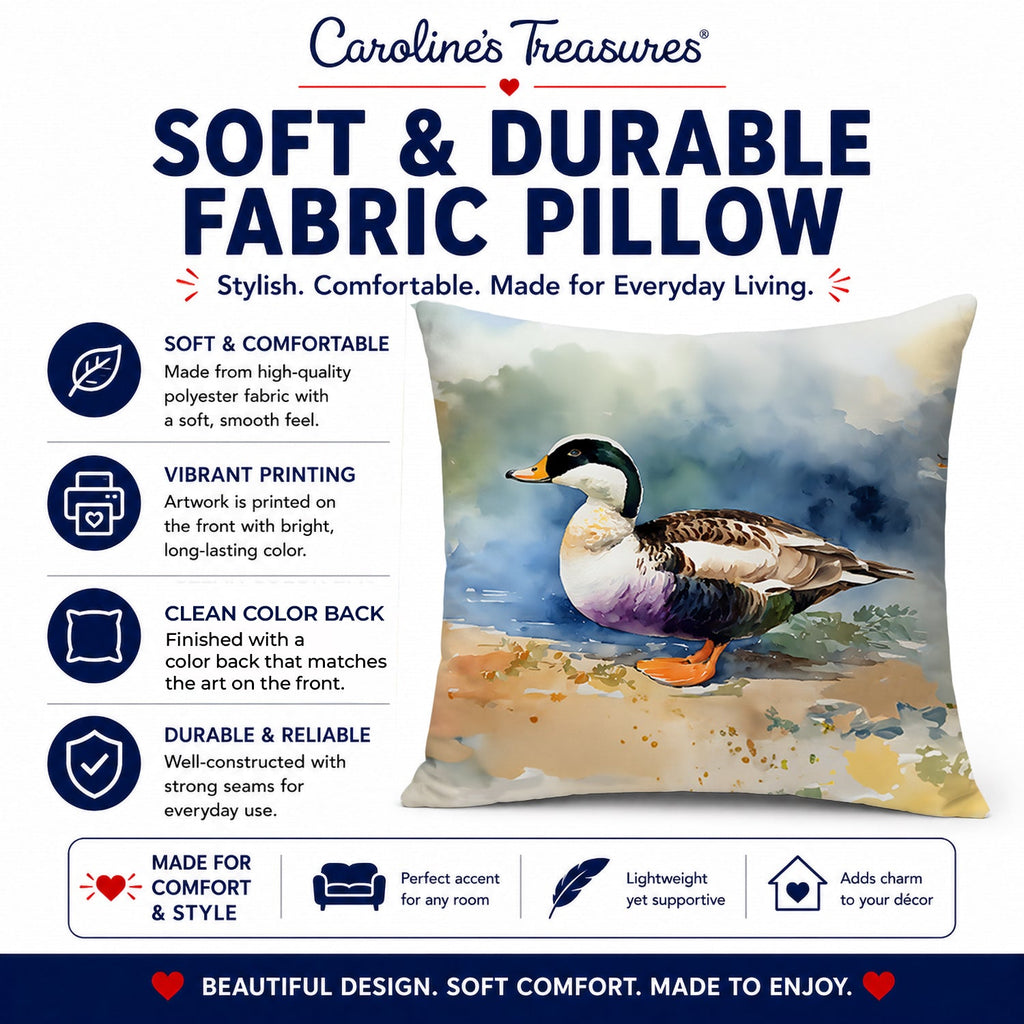 Common Eider Duck Standing Shoreline Decorative Throw Pillow 18x18 Indoor Outdoor Accent Cushion, Fabric Cover with Insert for Sofa, Bed, Porch & Living Room