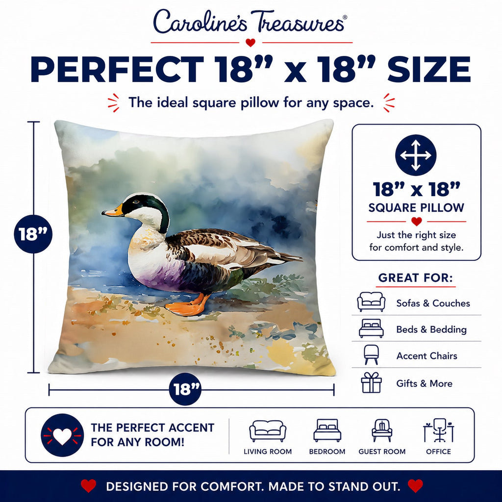 Common Eider Duck Standing Shoreline Decorative Throw Pillow 18x18 Indoor Outdoor Accent Cushion, Fabric Cover with Insert for Sofa, Bed, Porch & Living Room
