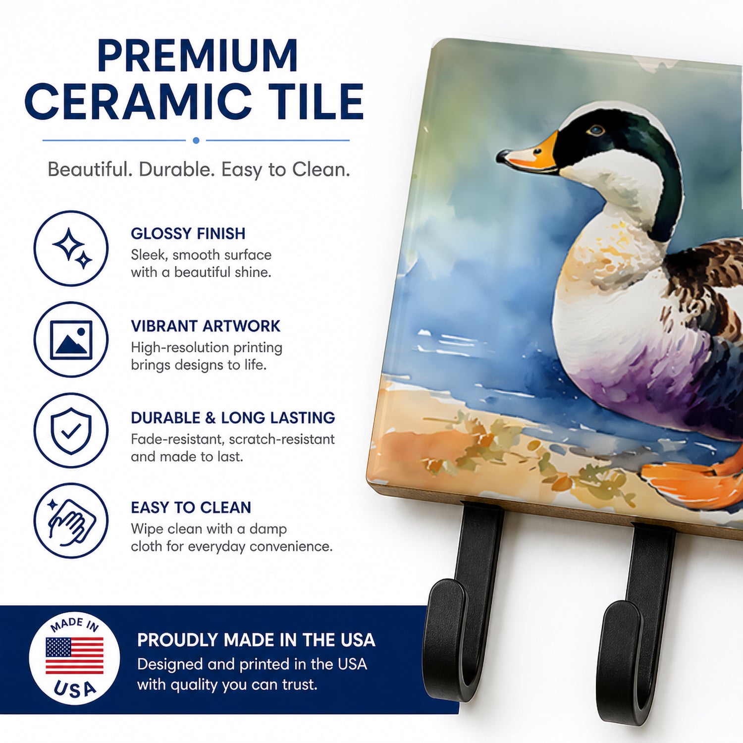 Common Eider Duck Standing Shoreline Leash or Key Holder Wall Hooks, Coat Rack Wall Mount, for Hanging Keys, Towels, Aprons, Leashes
