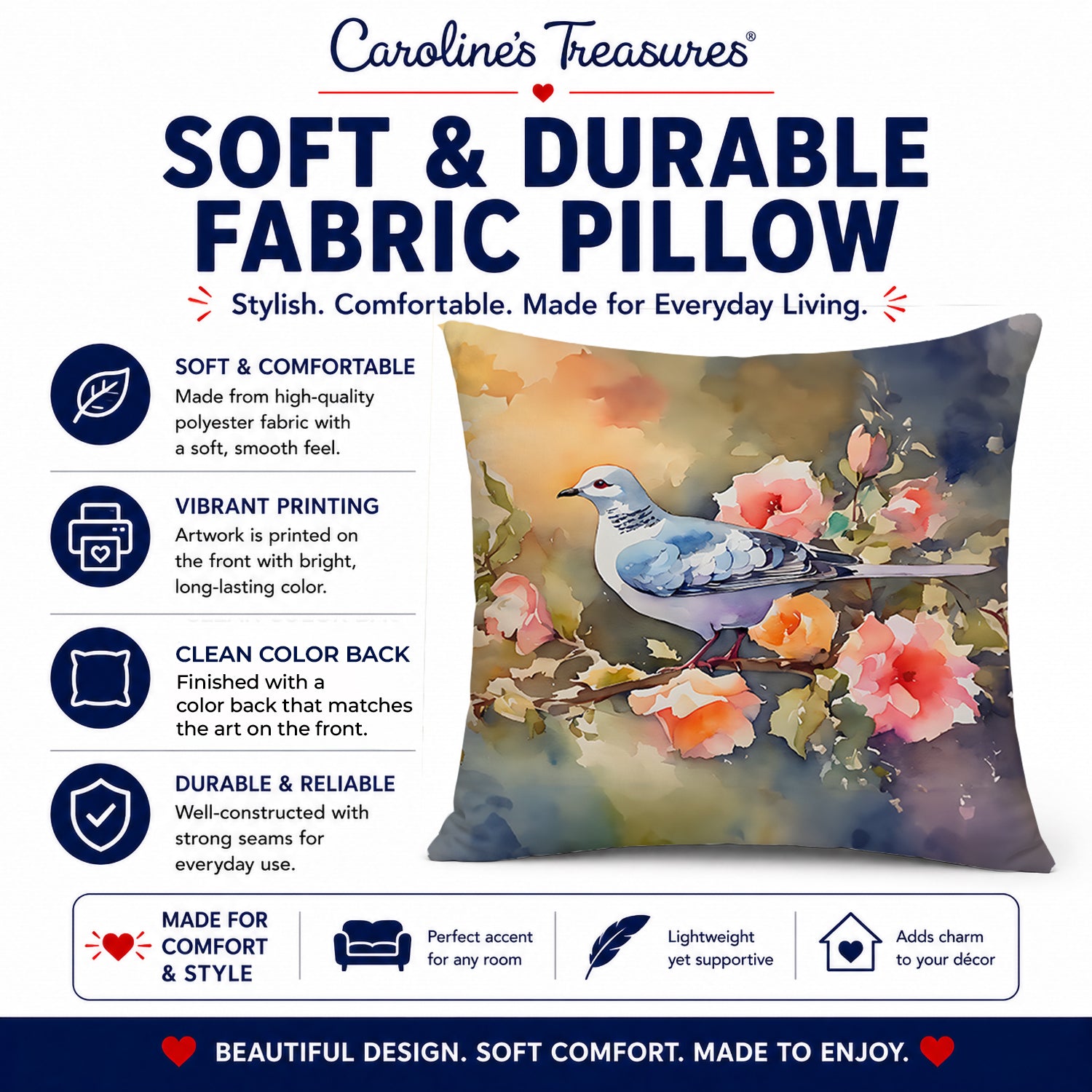 White Dove on Floral Branch Decorative Throw Pillow 14x14 Indoor Outdoor Accent Cushion, Fabric Cover with Insert for Sofa, Bed, Porch & Living Room