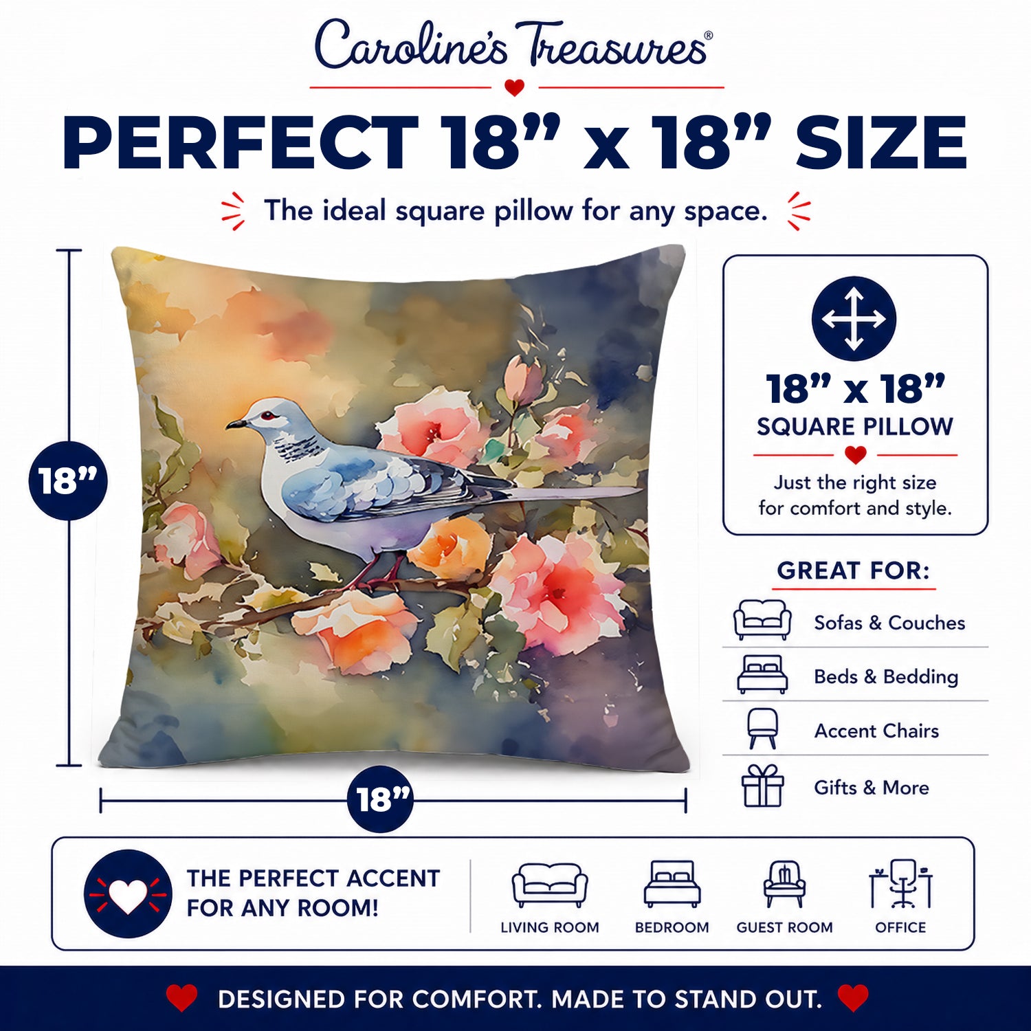 White Dove on Floral Branch Decorative Throw Pillow 18x18 Indoor Outdoor Accent Cushion, Fabric Cover with Insert for Sofa, Bed, Porch & Living Room