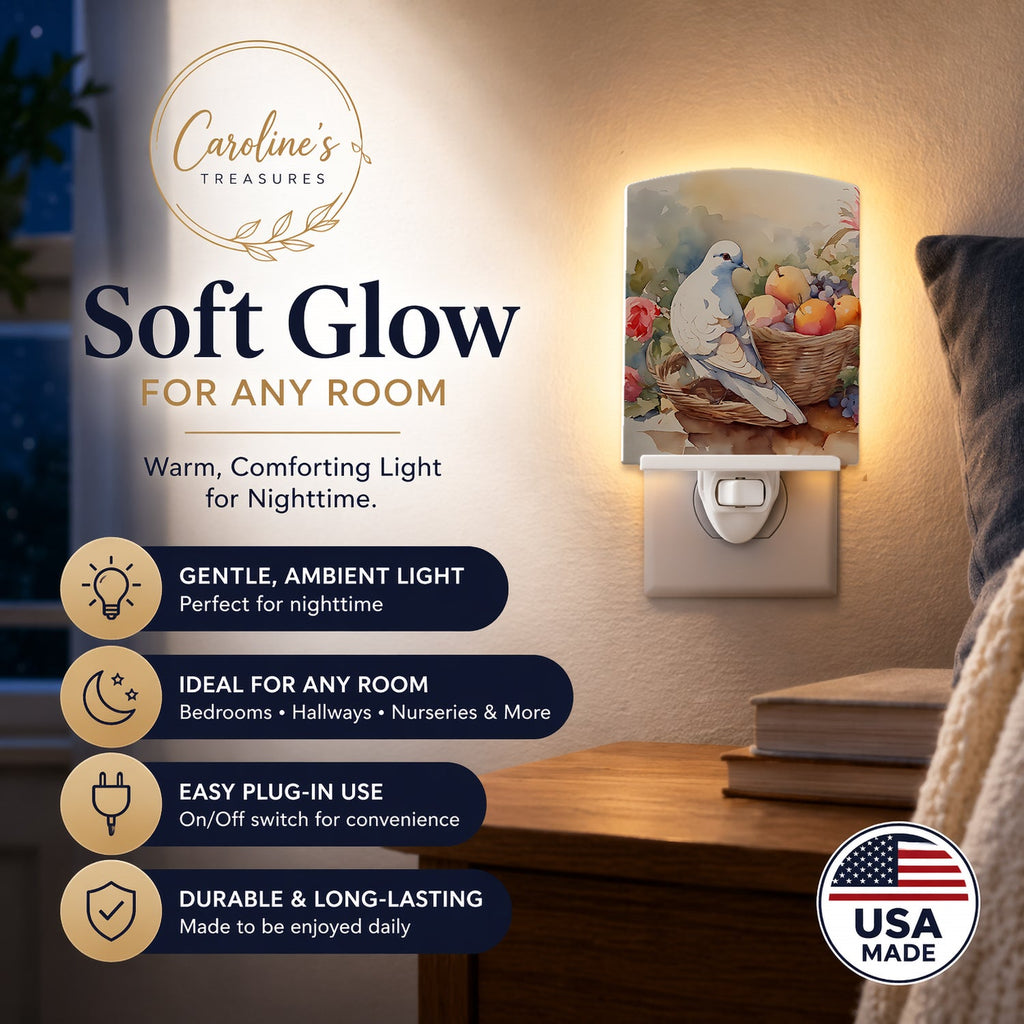 White Dove with Fruit Basket Still Life Ceramic Night Light Compact, UL-Certified, Ideal for Bedroom, Bathroom, Nursery, Hallway, Kitchen, 6x4x3, Multicolor