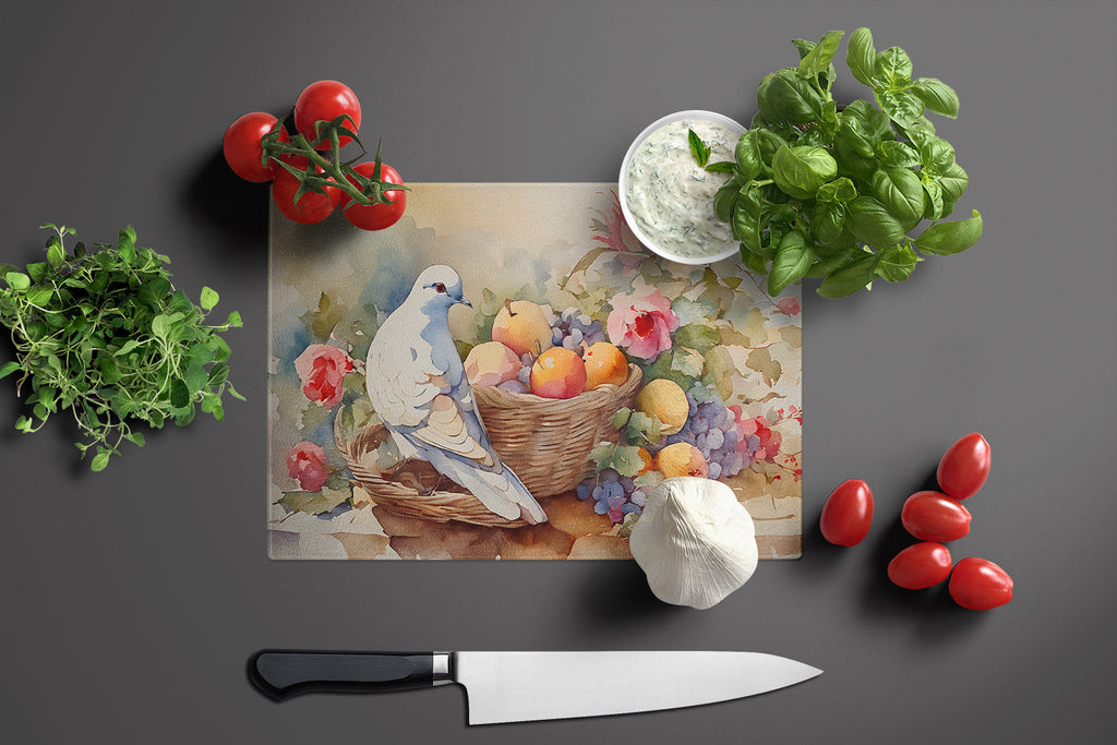White Dove with Fruit Basket Still Life Cutting Board Tempered Glass Kitchen Cutting Surface, Heat Resistant Chopping, Non-Slip Feet, Food Prep & Serving