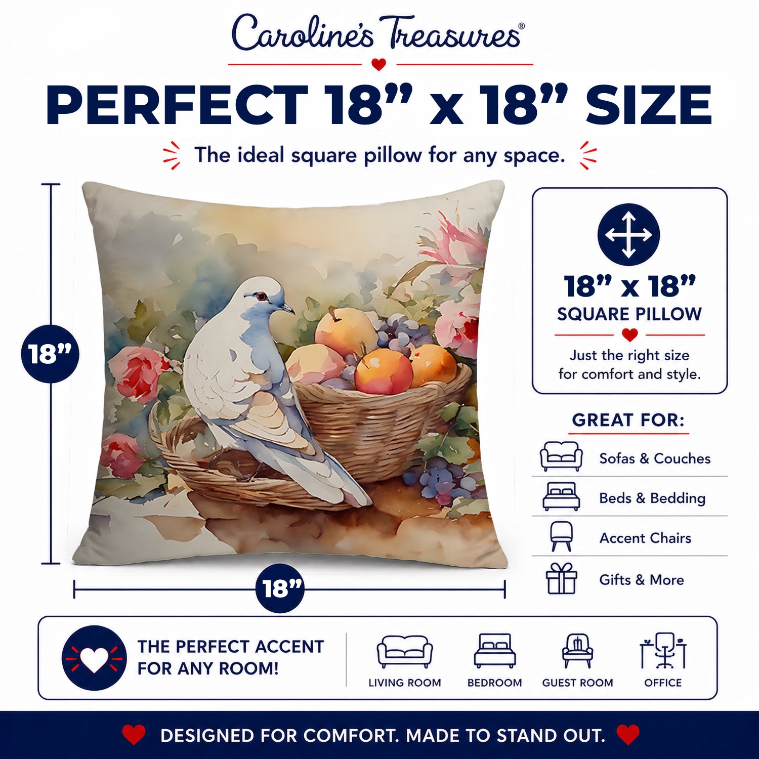 White Dove with Fruit Basket Still Life Decorative Throw Pillow 18x18 Indoor Outdoor Accent Cushion, Fabric Cover with Insert for Sofa, Bed, Porch & Living Room