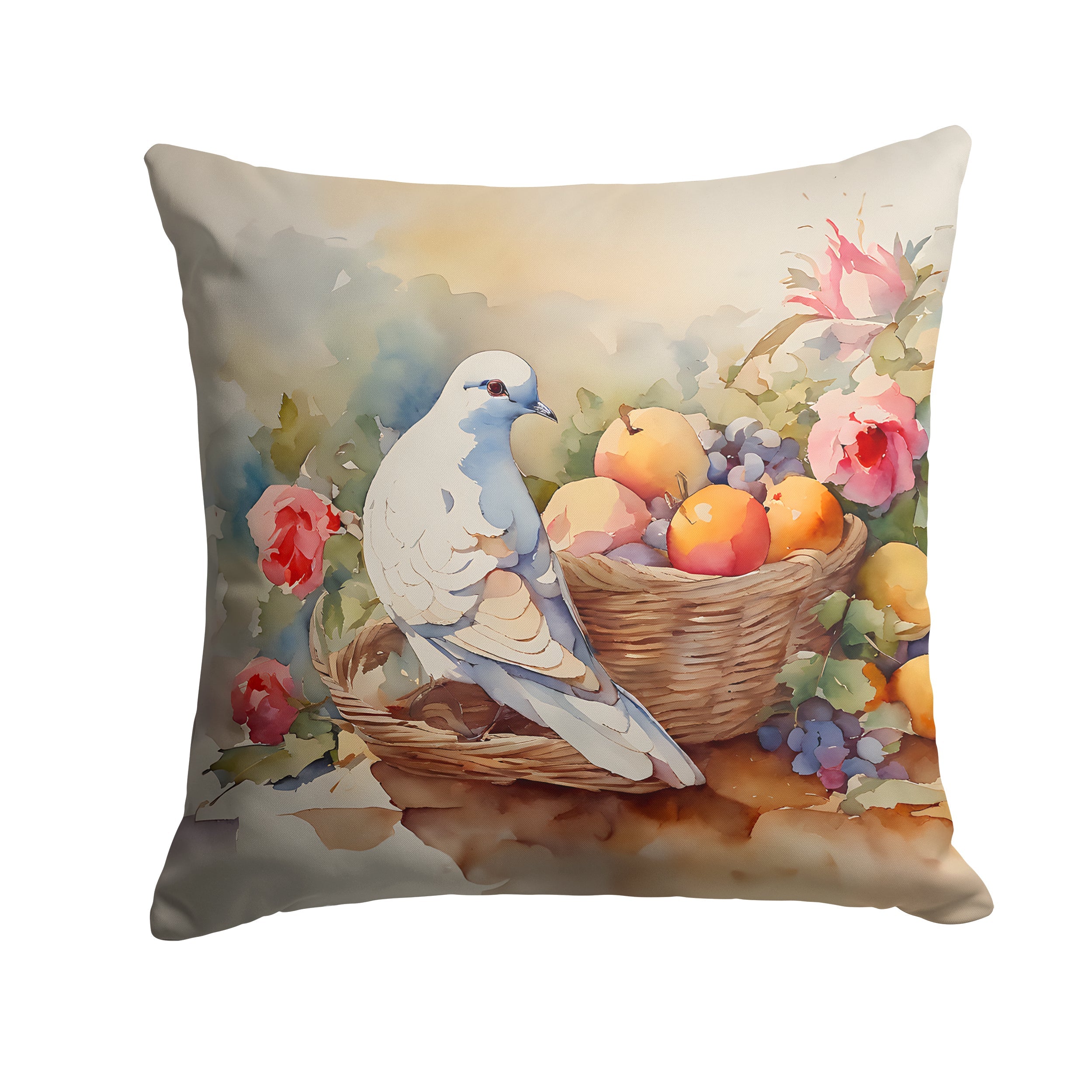 White Dove with Fruit Basket Still Life Decorative Throw Pillow 18x18 Indoor Outdoor Accent Cushion, Fabric Cover with Insert for Sofa, Bed, Porch & Living Room