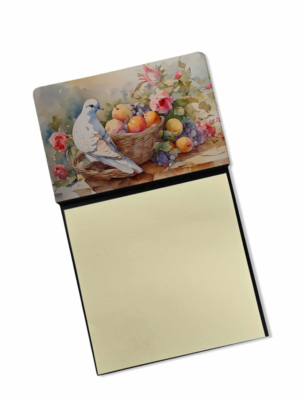 White Dove with Fruit Basket Still Life Watercolor Sticky Note Holder Refillable Dispenser Desk Accessory 3x3 Pad Gift