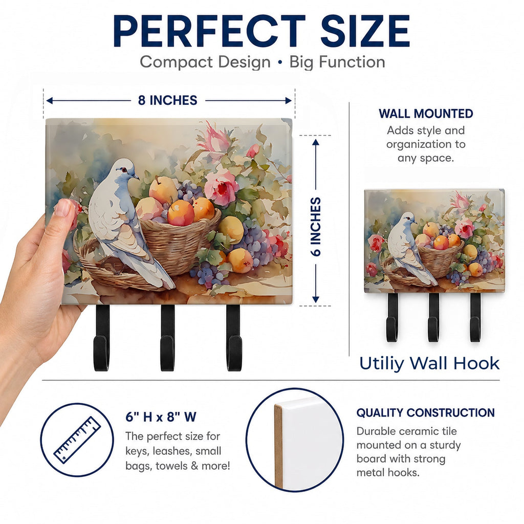 White Dove with Fruit Basket Still Life Leash or Key Holder Wall Hooks, Coat Rack Wall Mount, for Hanging Keys, Towels, Aprons, Leashes