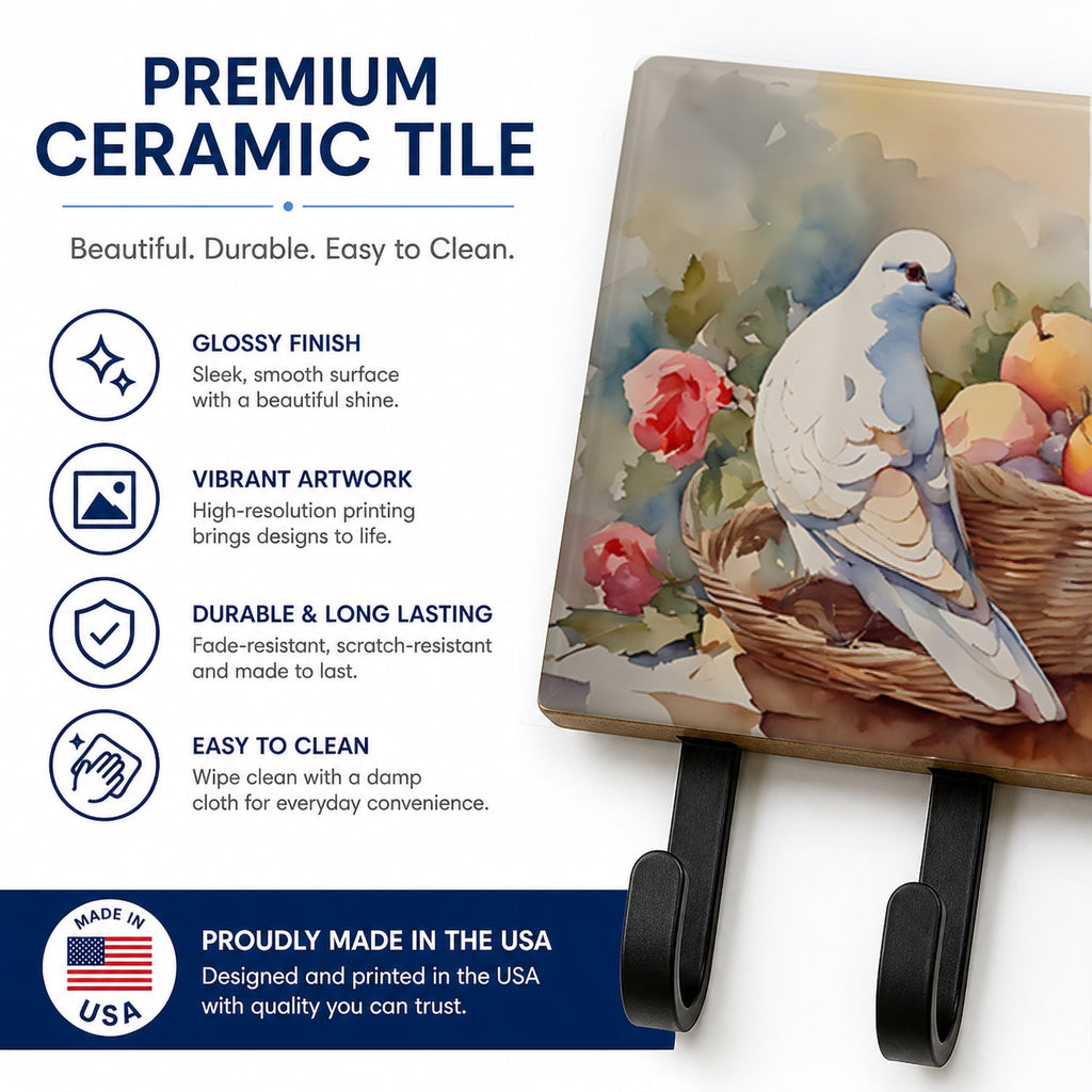 White Dove with Fruit Basket Still Life Leash or Key Holder Wall Hooks, Coat Rack Wall Mount, for Hanging Keys, Towels, Aprons, Leashes