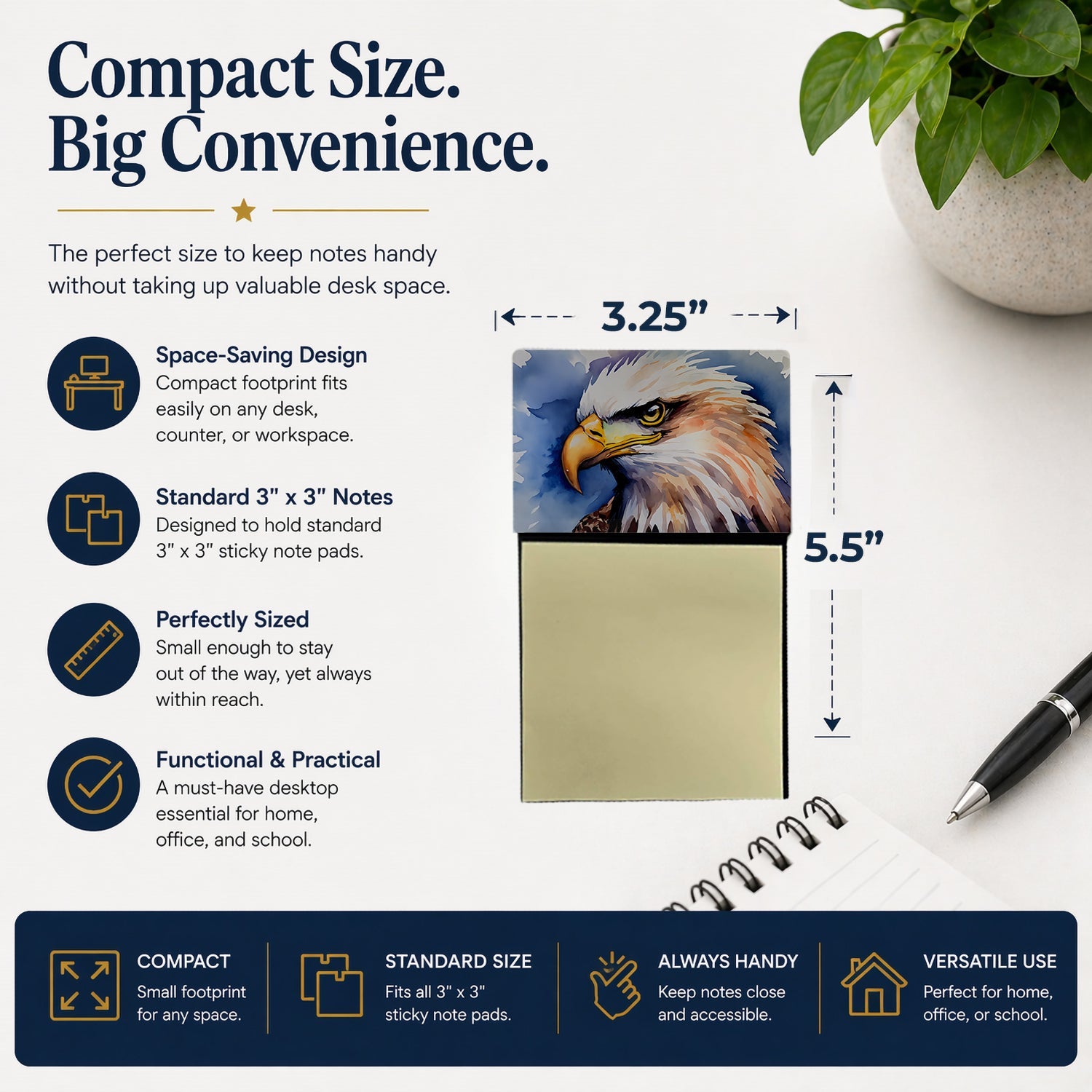 Bald Eagle Portrait Close-Up Watercolor Sticky Note Holder Refillable Dispenser Desk Accessory 3x3 Pad Gift