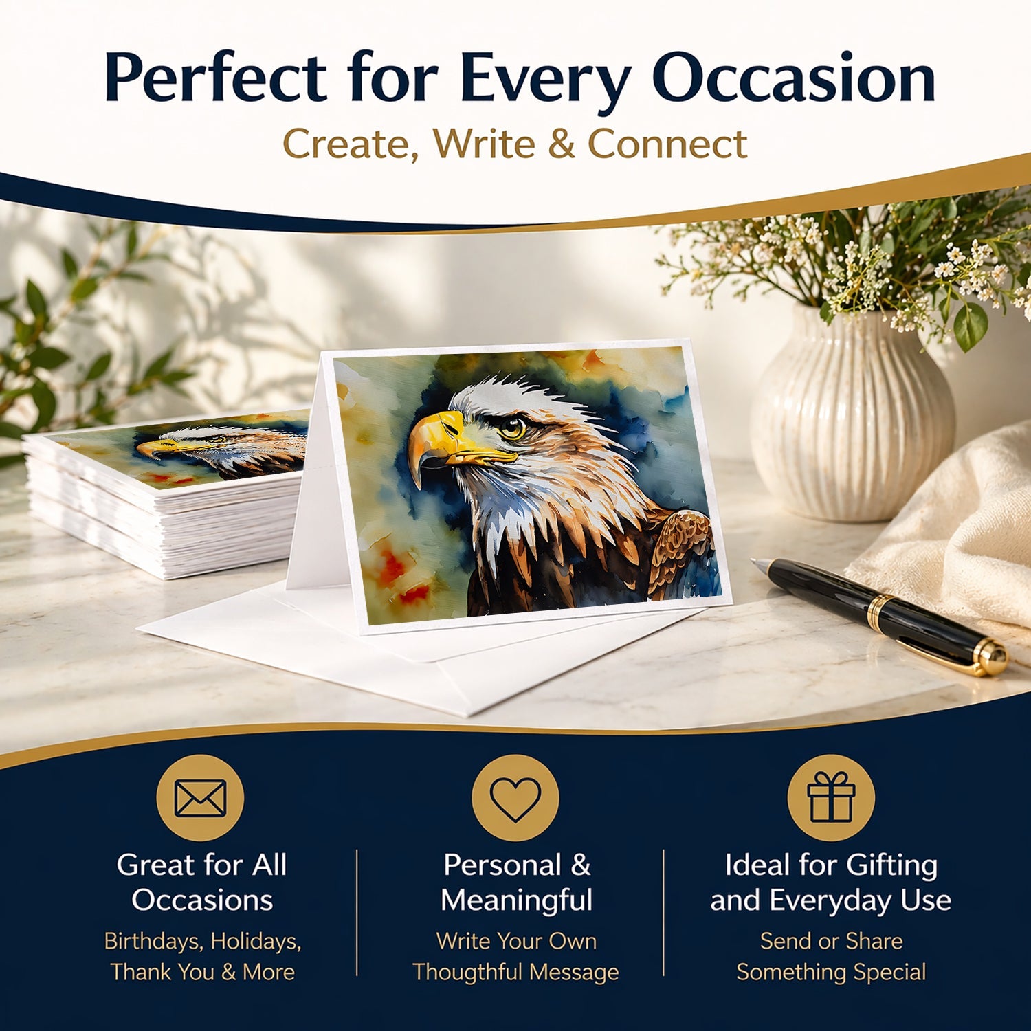 Bald Eagle Portrait Wildlife Greeting Cards Pack of 8 Blank Cards with Envelopes Whimsical A7 Size 5x7