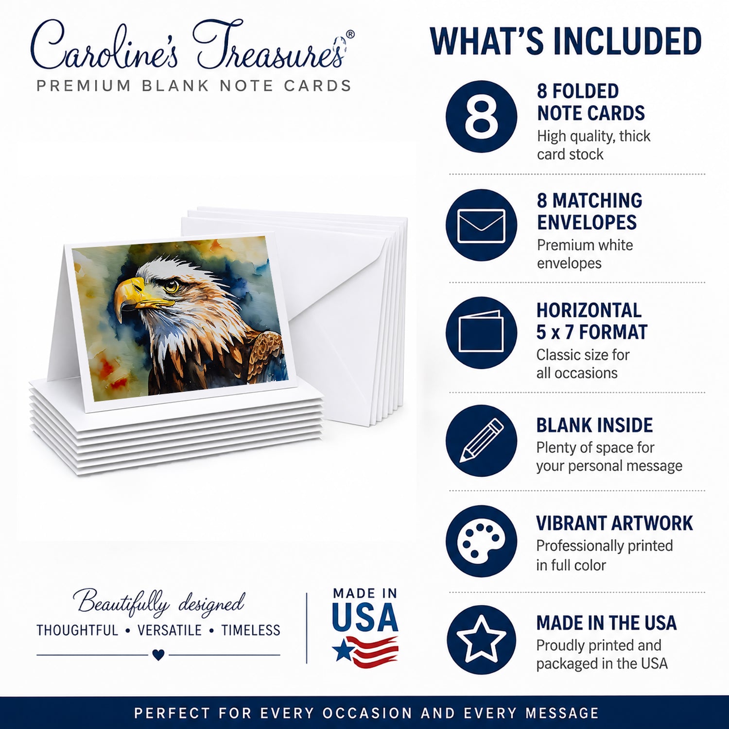 Bald Eagle Portrait Wildlife Greeting Cards Pack of 8 Blank Cards with Envelopes Whimsical A7 Size 5x7