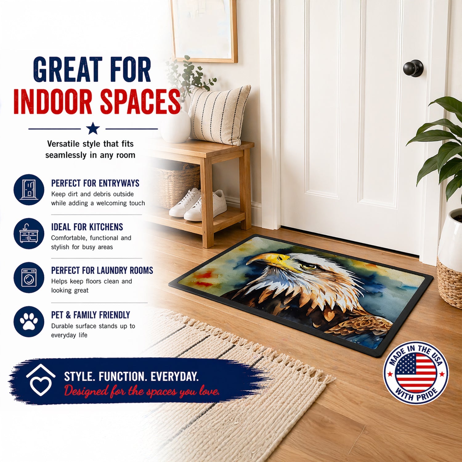 Bald Eagle Portrait Wildlife Doormat Indoor Outdoor 24H X 36W Front Door Mat Rugs for Entryway, Non Slip Washable Low Pile,