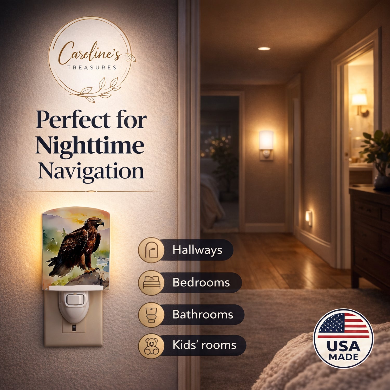Bald Eagle Perched Mountain Landscape Ceramic Night Light Compact, UL-Certified, Ideal for Bedroom, Bathroom, Nursery, Hallway, Kitchen, 6x4x3, Multicolor
