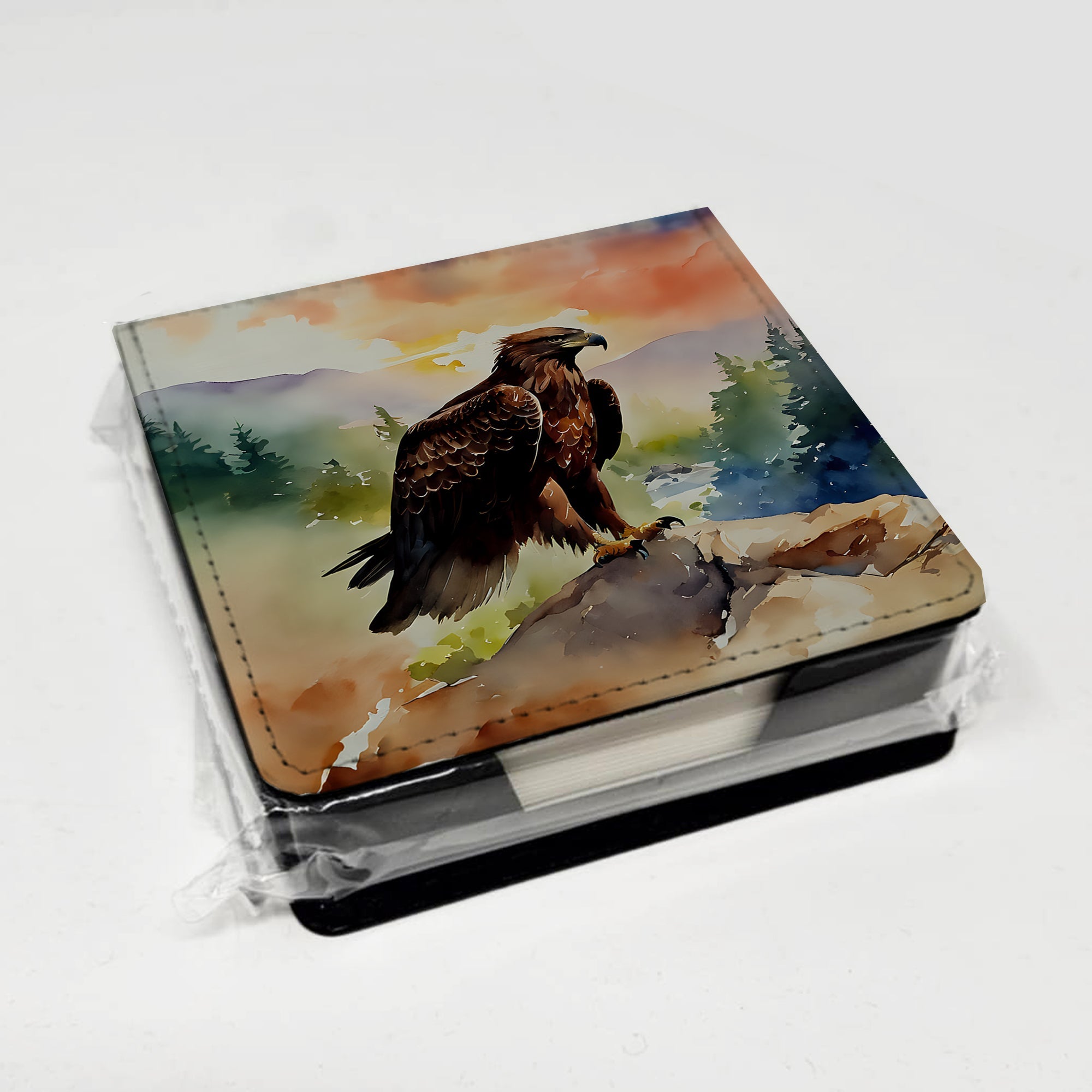 Bald Eagle Perched Mountain Landscape PU Leather Note Paper Holder with Artist-Designed Cover, Desk Accessory, Office Gift