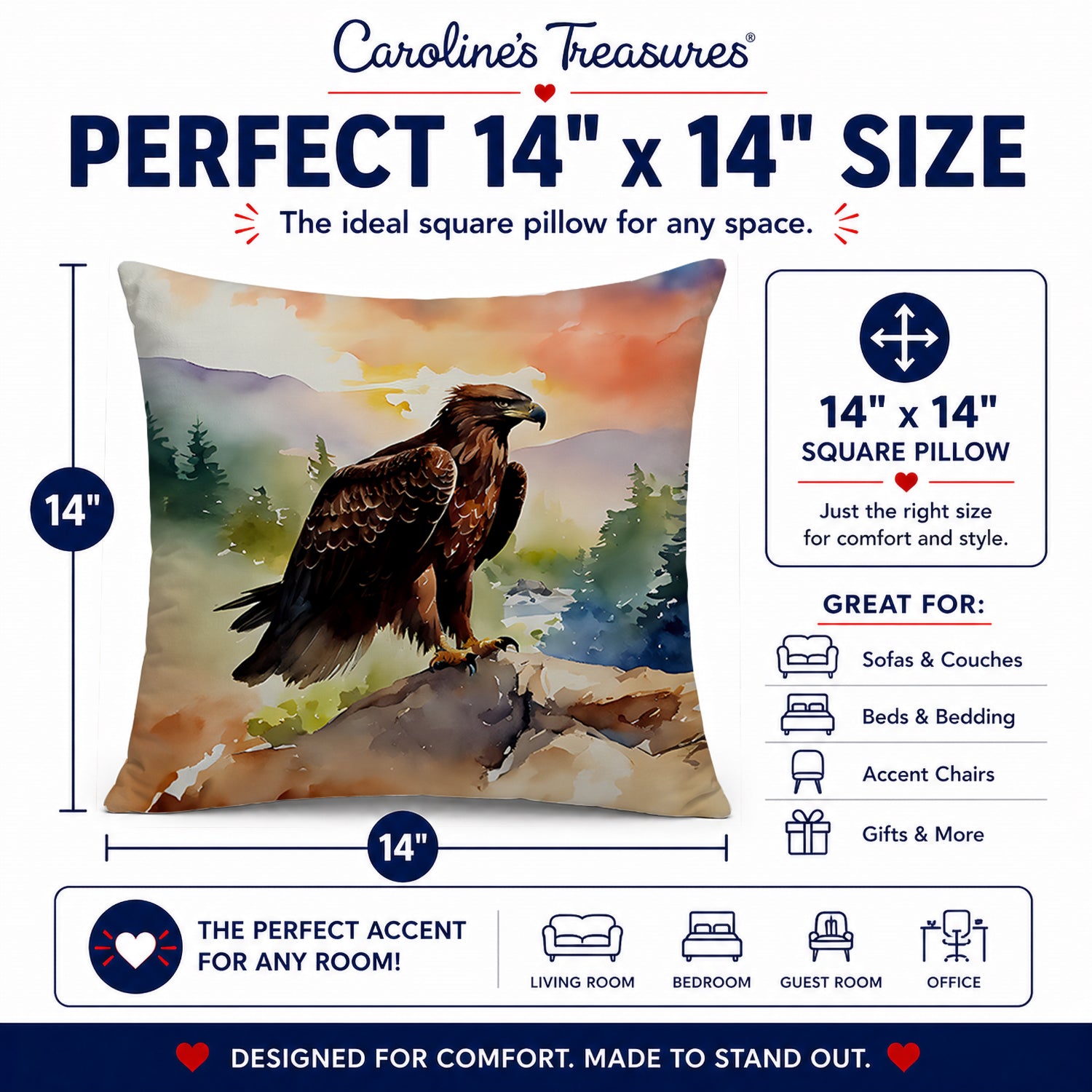 Bald Eagle Perched Mountain Landscape Decorative Throw Pillow 14x14 Indoor Outdoor Accent Cushion, Fabric Cover with Insert for Sofa, Bed, Porch & Living Room
