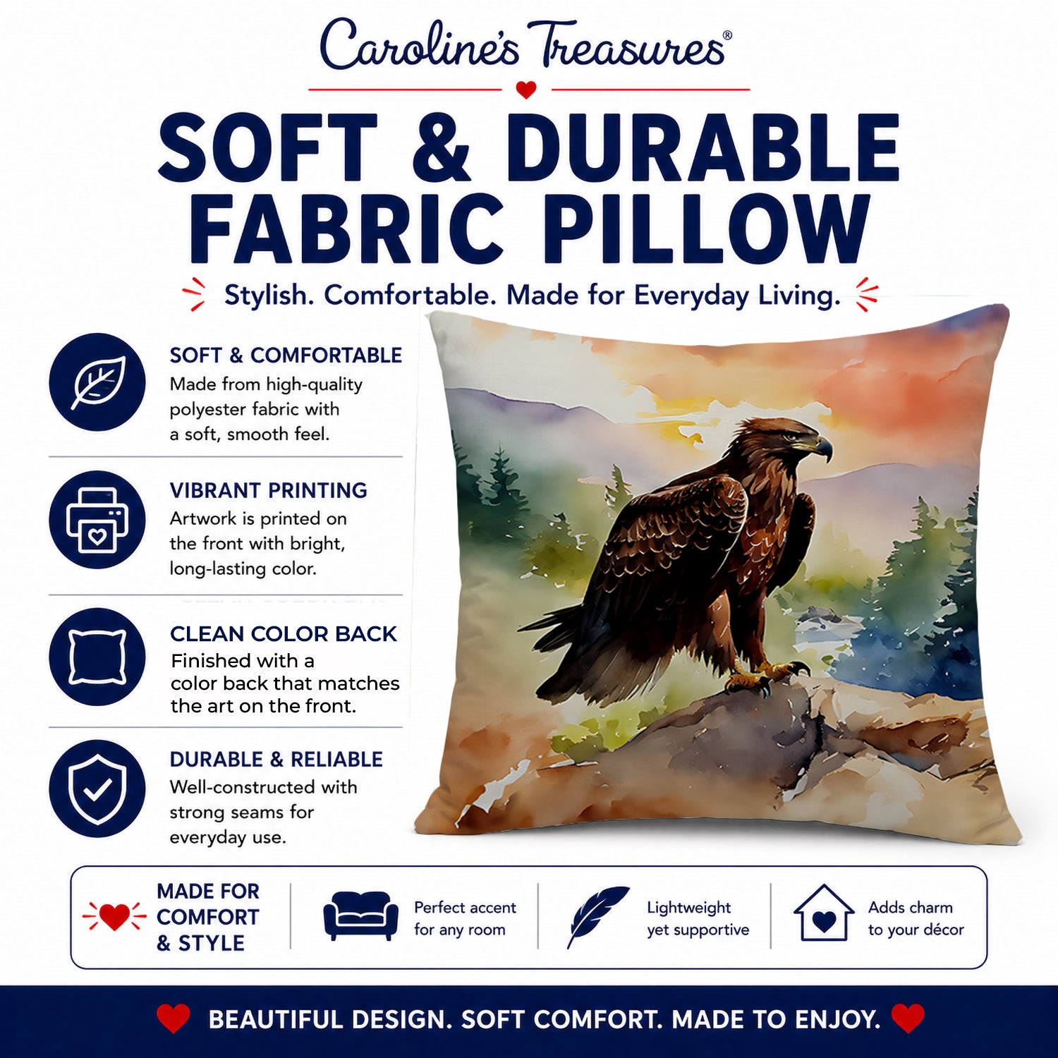 Bald Eagle Perched Mountain Landscape Decorative Throw Pillow 18x18 Indoor Outdoor Accent Cushion, Fabric Cover with Insert for Sofa, Bed, Porch & Living Room