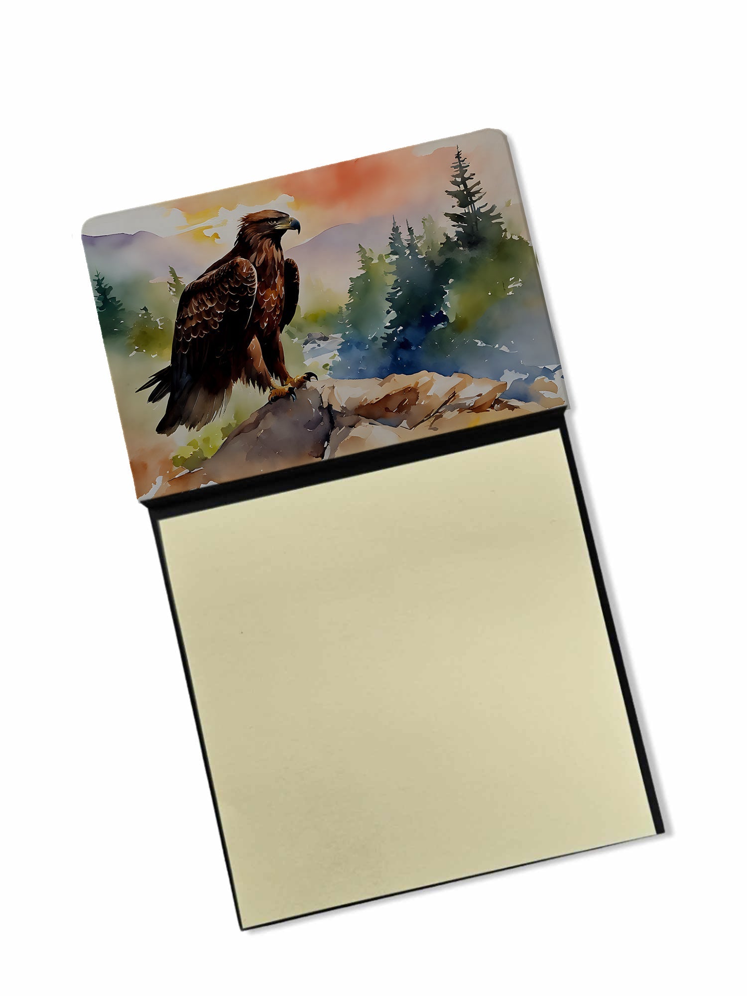 Bald Eagle Perched Mountain Landscape Watercolor Sticky Note Holder Refillable Dispenser Desk Accessory 3x3 Pad Gift