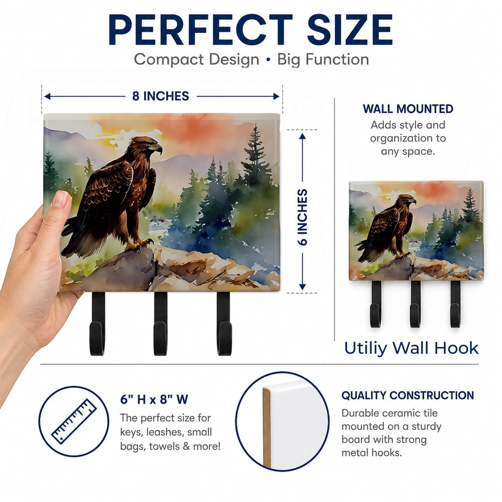 Bald Eagle Perched Mountain Landscape Leash or Key Holder Wall Hooks, Coat Rack Wall Mount, for Hanging Keys, Towels, Aprons, Leashes