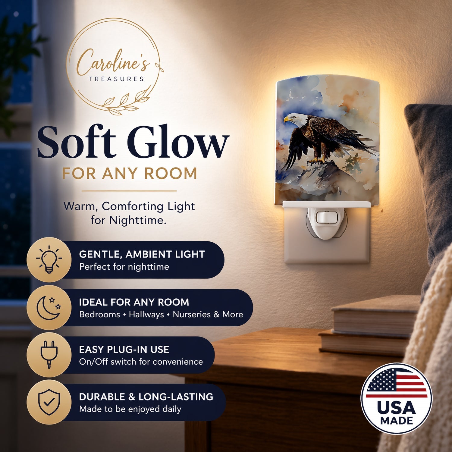 Bald Eagle Perched Rock Wildlife Ceramic Night Light Compact, UL-Certified, Ideal for Bedroom, Bathroom, Nursery, Hallway, Kitchen, 6x4x3, Multicolor