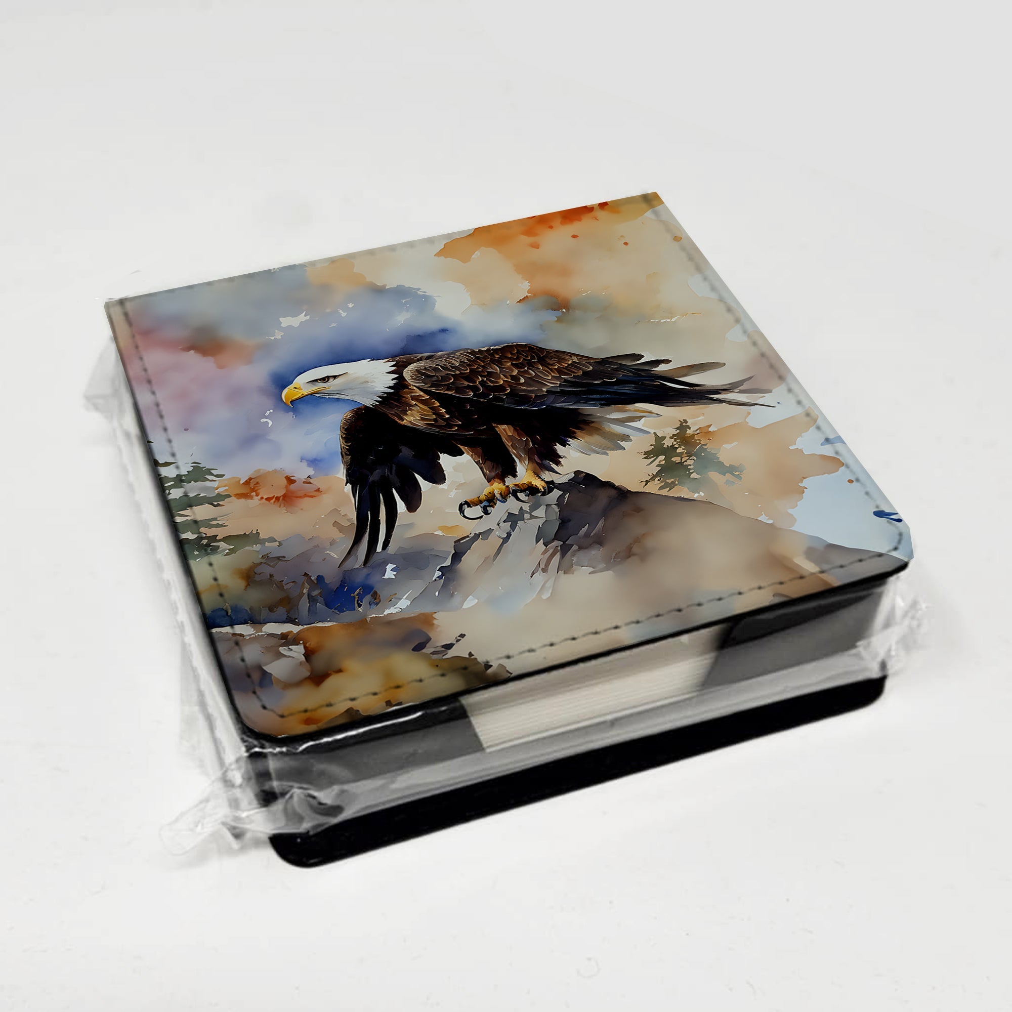 Bald Eagle Perched Rock Wildlife PU Leather Note Paper Holder with Artist-Designed Cover, Desk Accessory, Office Gift